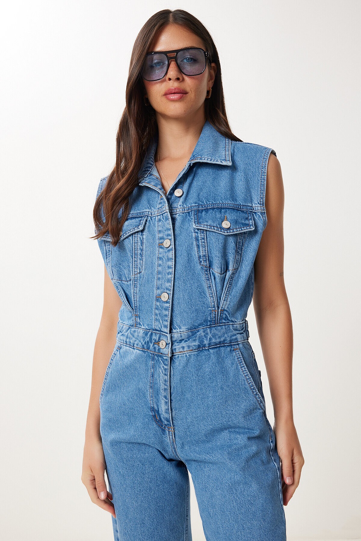 Kapaklı Cepli Denim Tulum AÇIK MAVİ LVW0005