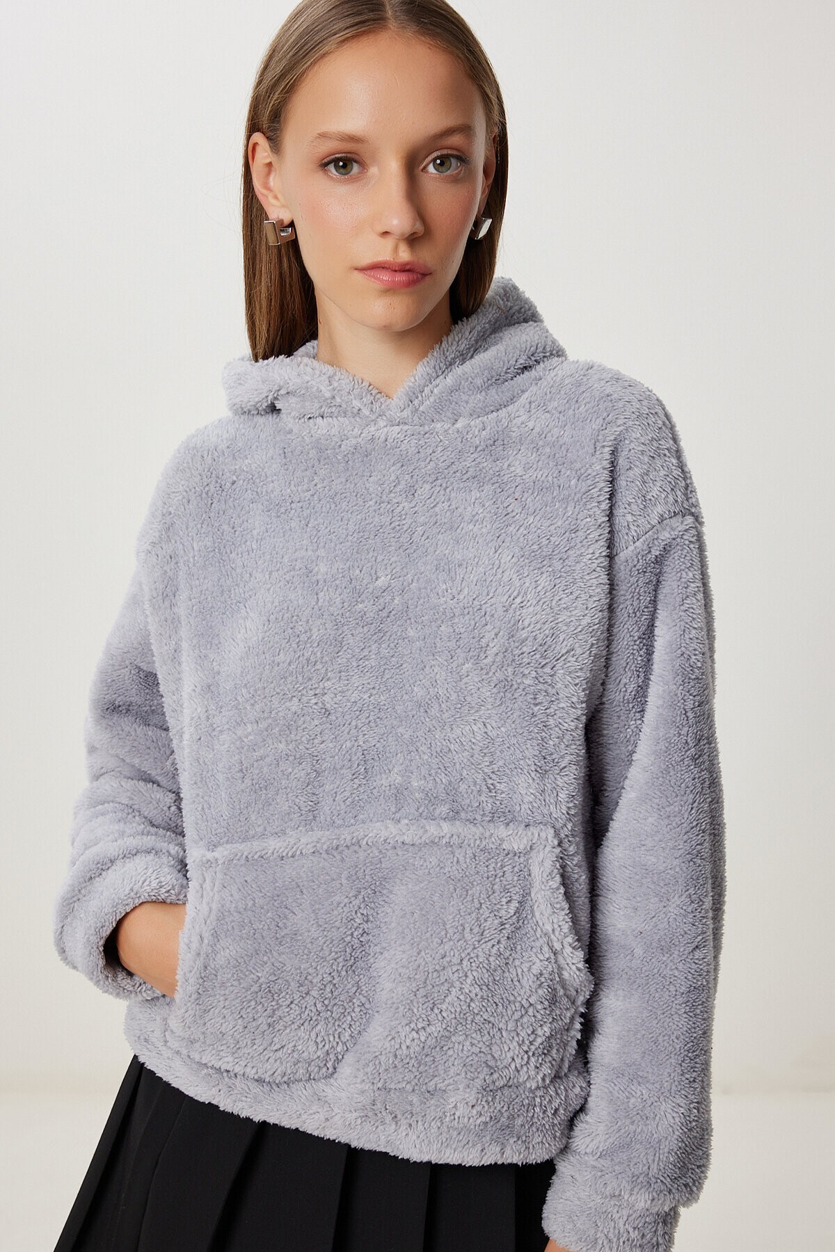 Kapüşonlu Cepli Peluş Sweatshirt GRİ LZV0020