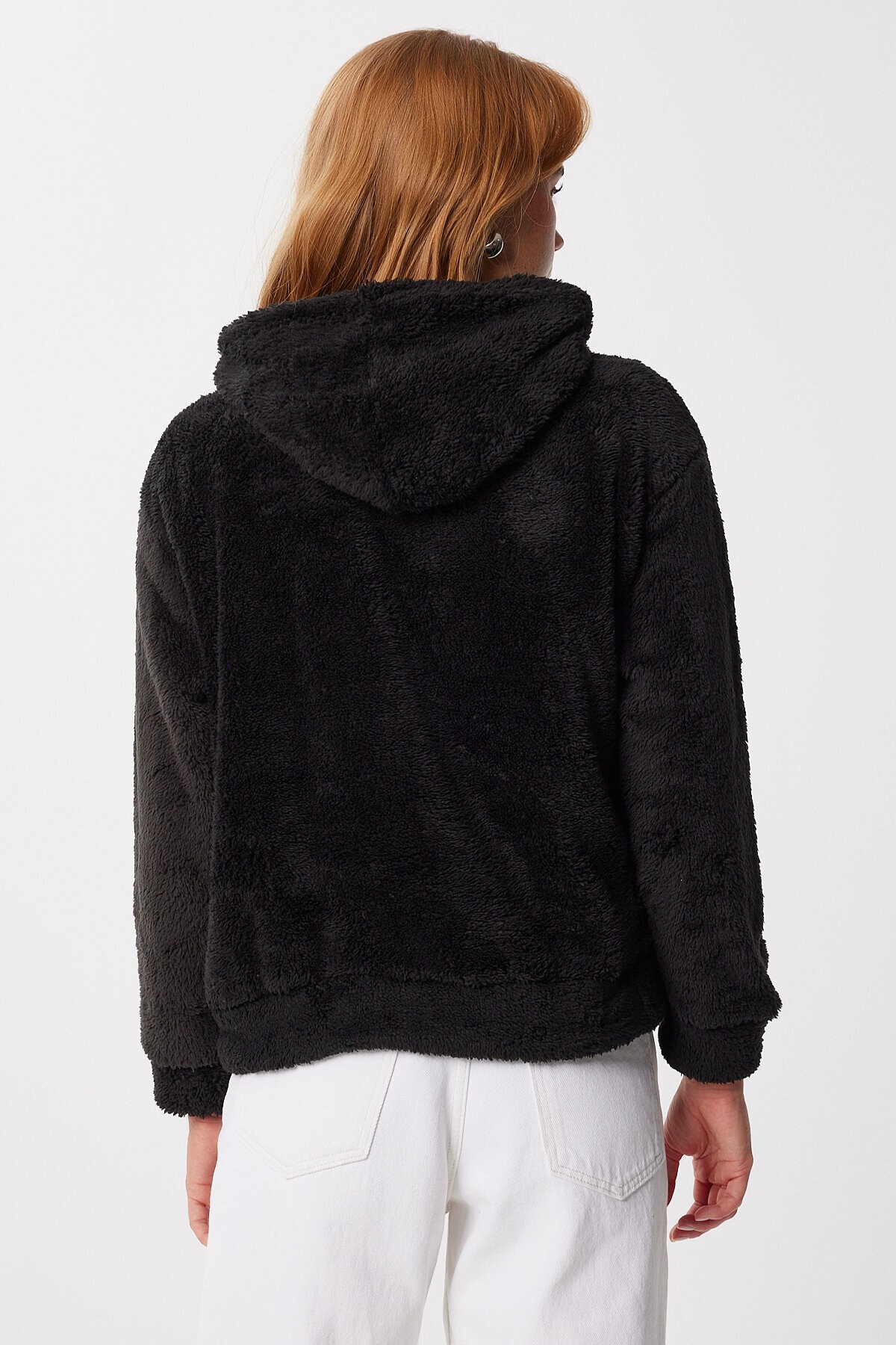 Kapüşonlu Nakış İşlemeli Peluş Sweatshirt SİYAH LZV0024