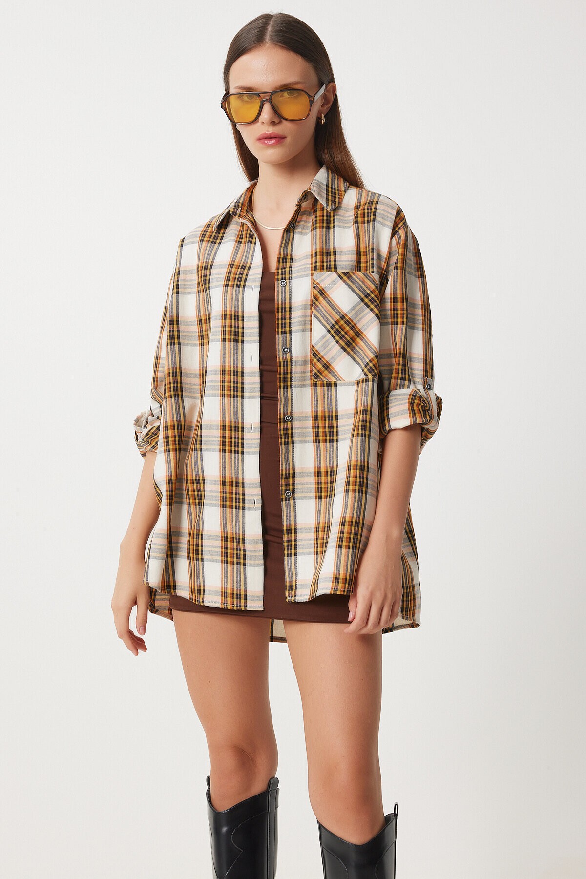 Kareli Oversize Dokuma Gömlek EKRU SARI LXR0004