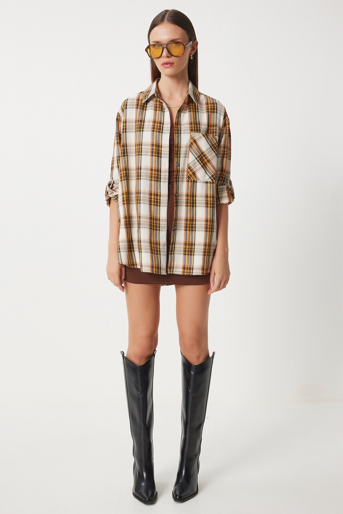 Kareli Oversize Dokuma Gömlek EKRU SARI LXR0004