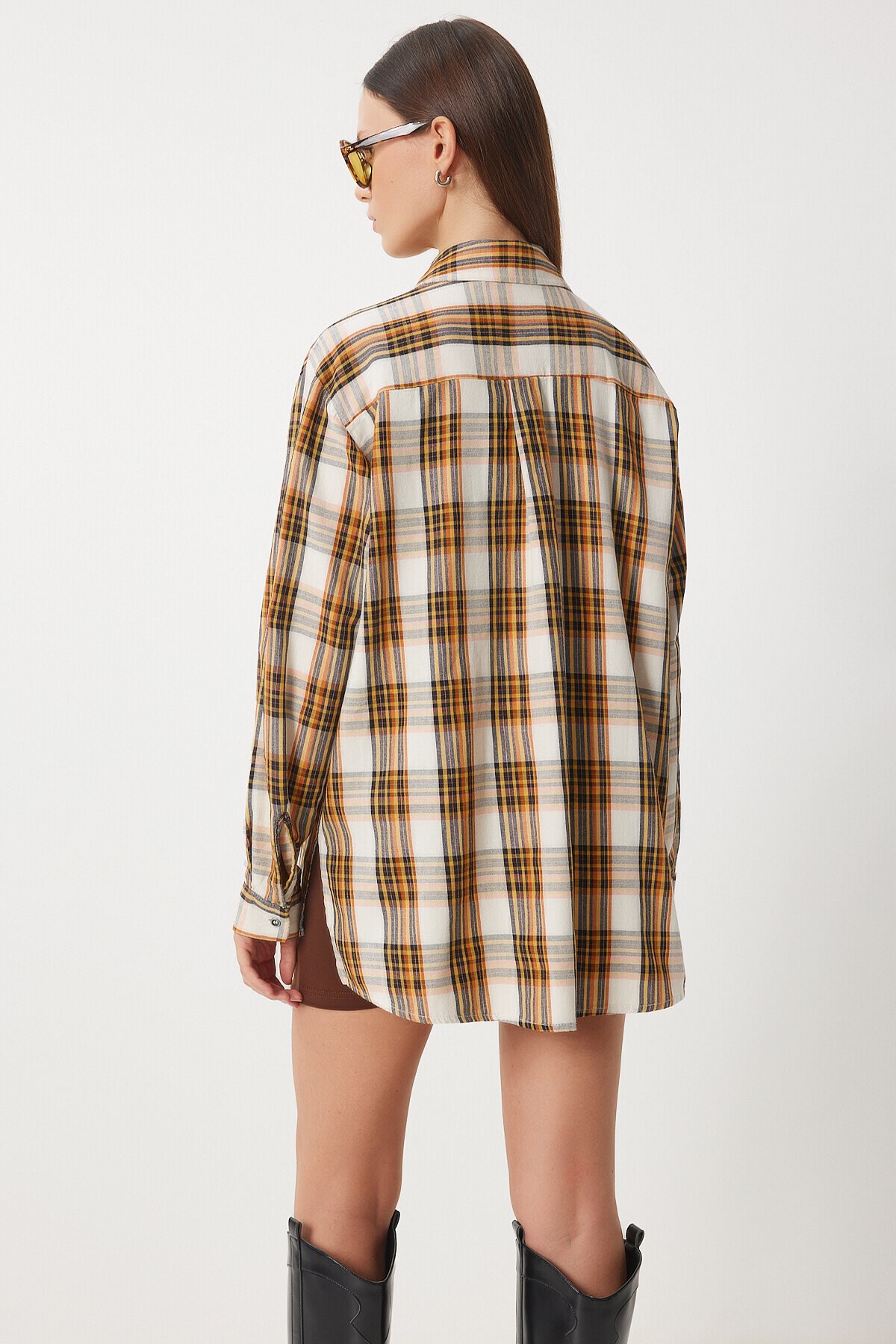 Kareli Oversize Dokuma Gömlek EKRU SARI LXR0004