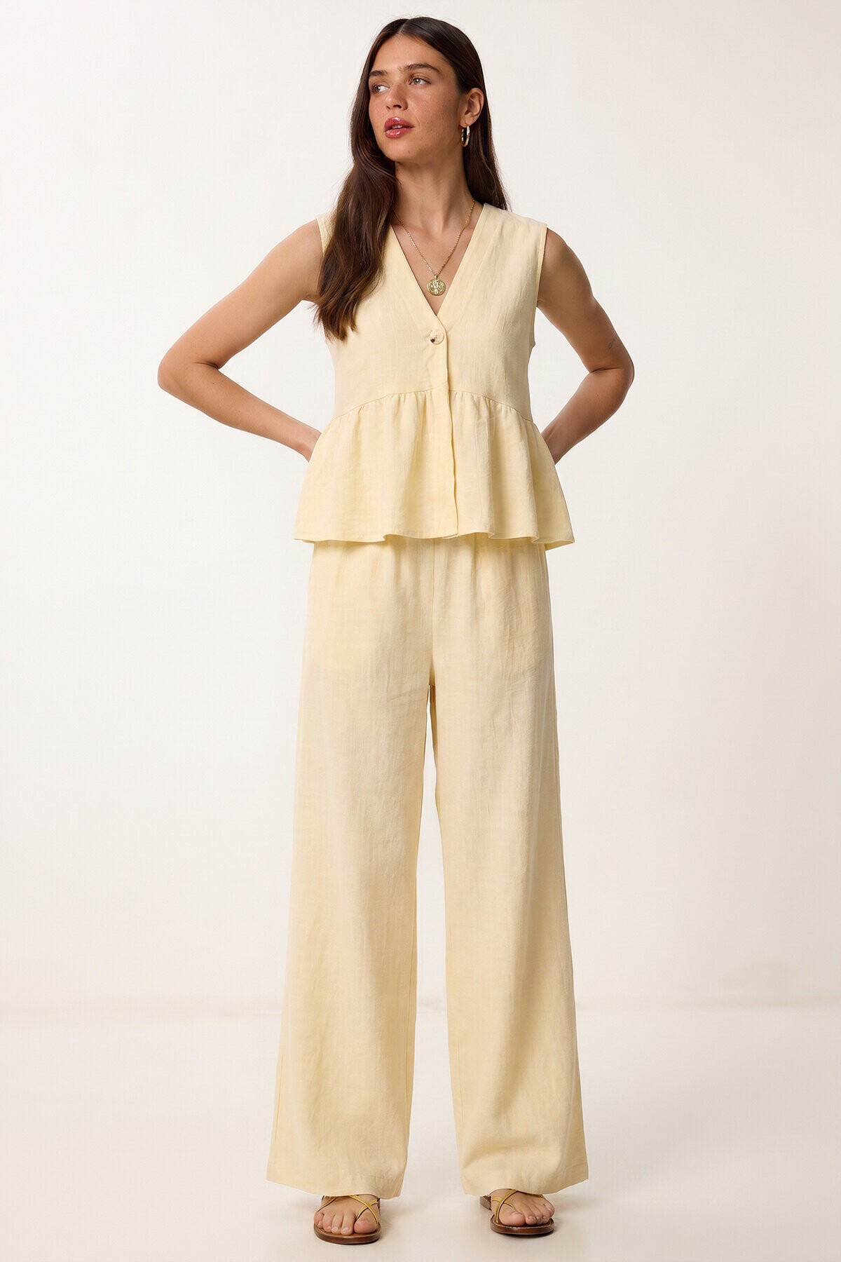 Keten Bluz Pantolon Takım SARI LAZ0009