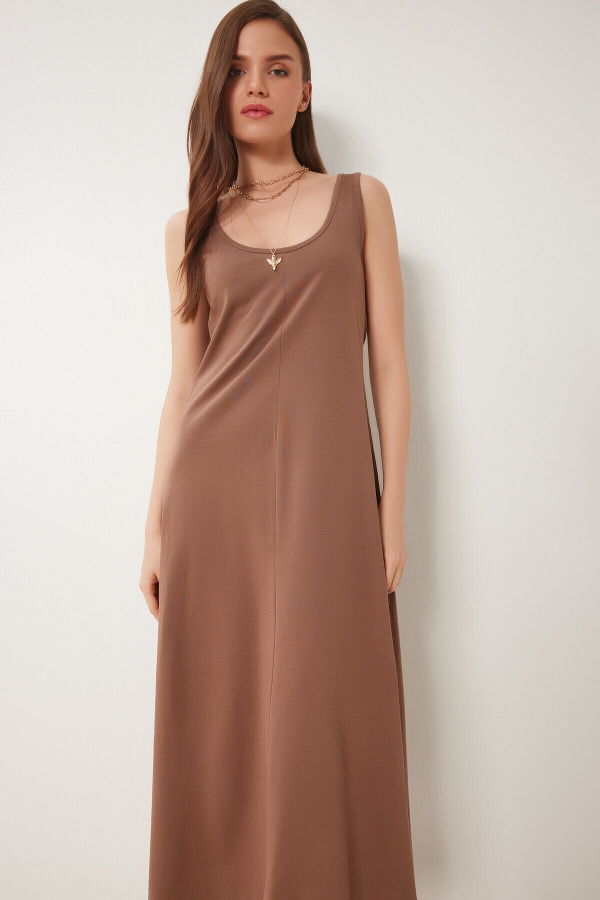 Kolsuz Basic Yazlık Örme Elbise KAHVERENGİ LCR0057