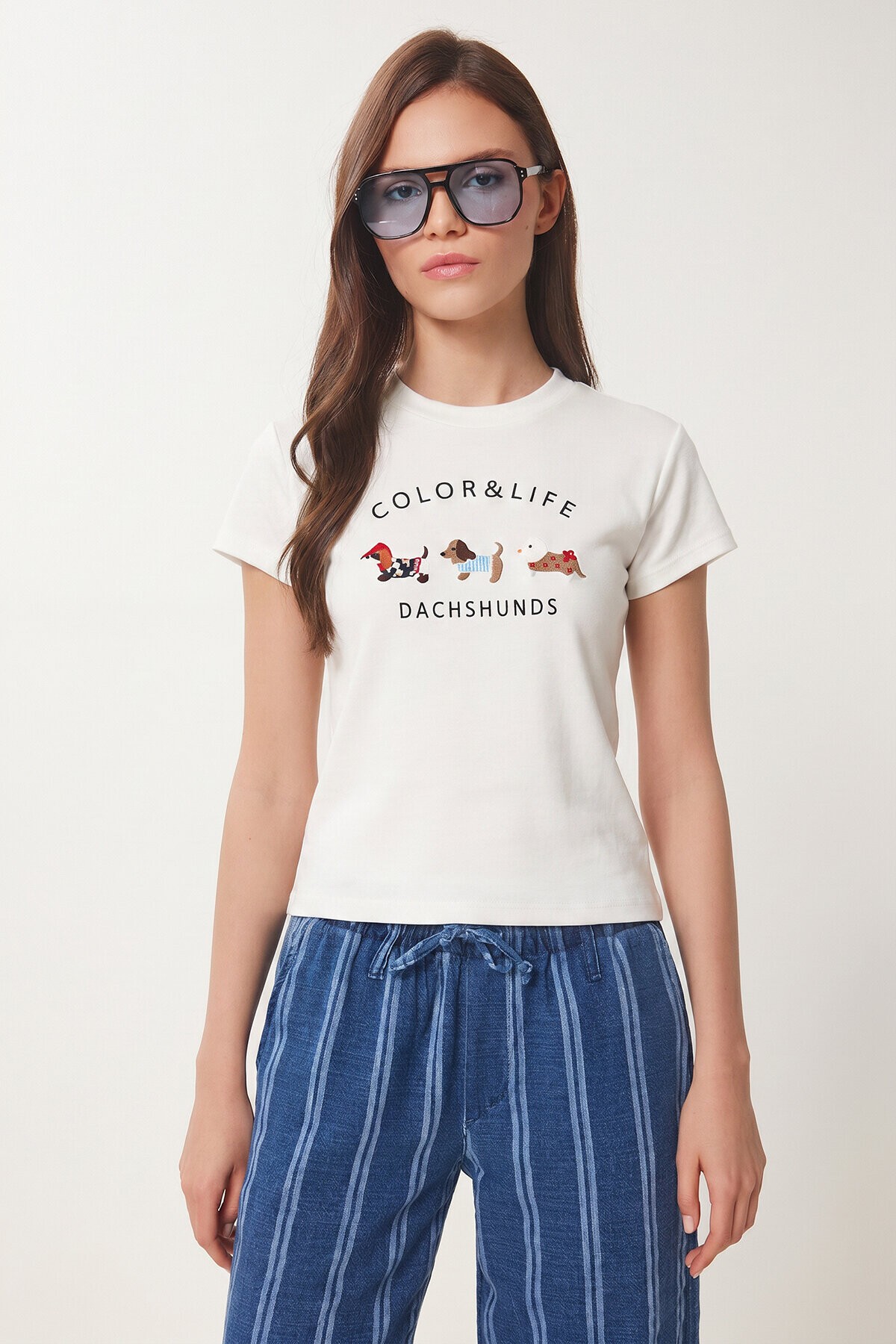 Nakış İşlemeli Pamuklu Örme T-shirt EKRU LCR0127