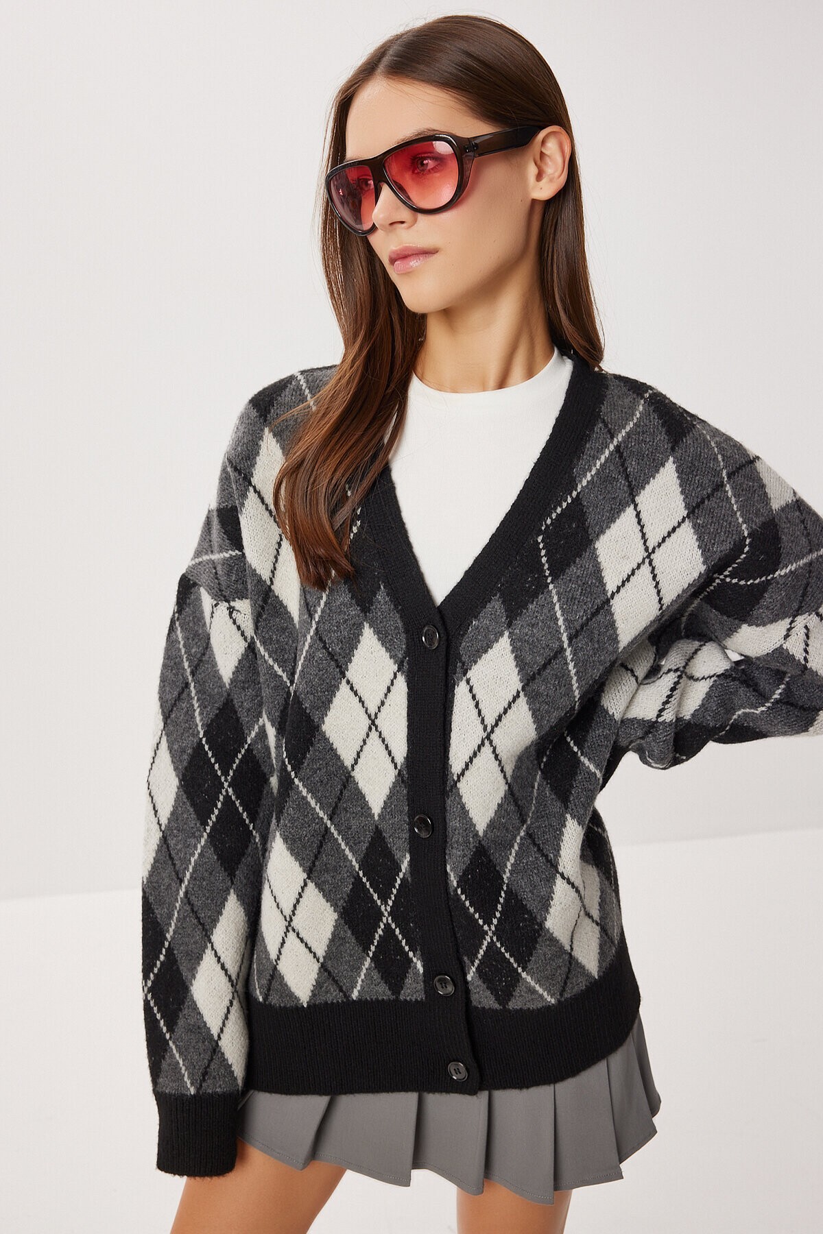 Oversize Baklava Desenli Triko Hırka SİYAH ANTRASİT LXA0028