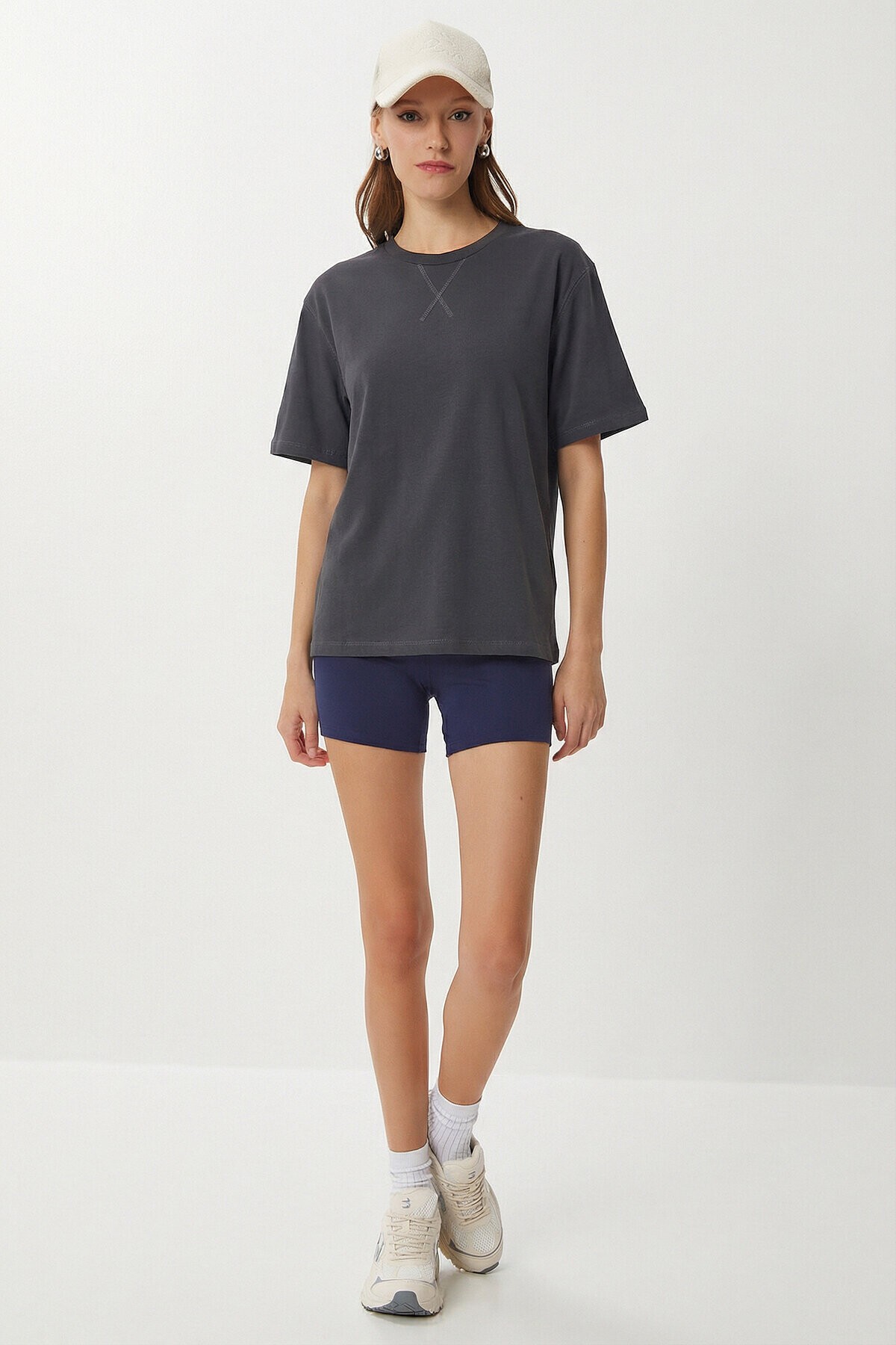 Oversize Basic Pamuklu Örme T-shirt FÜME LZE0005