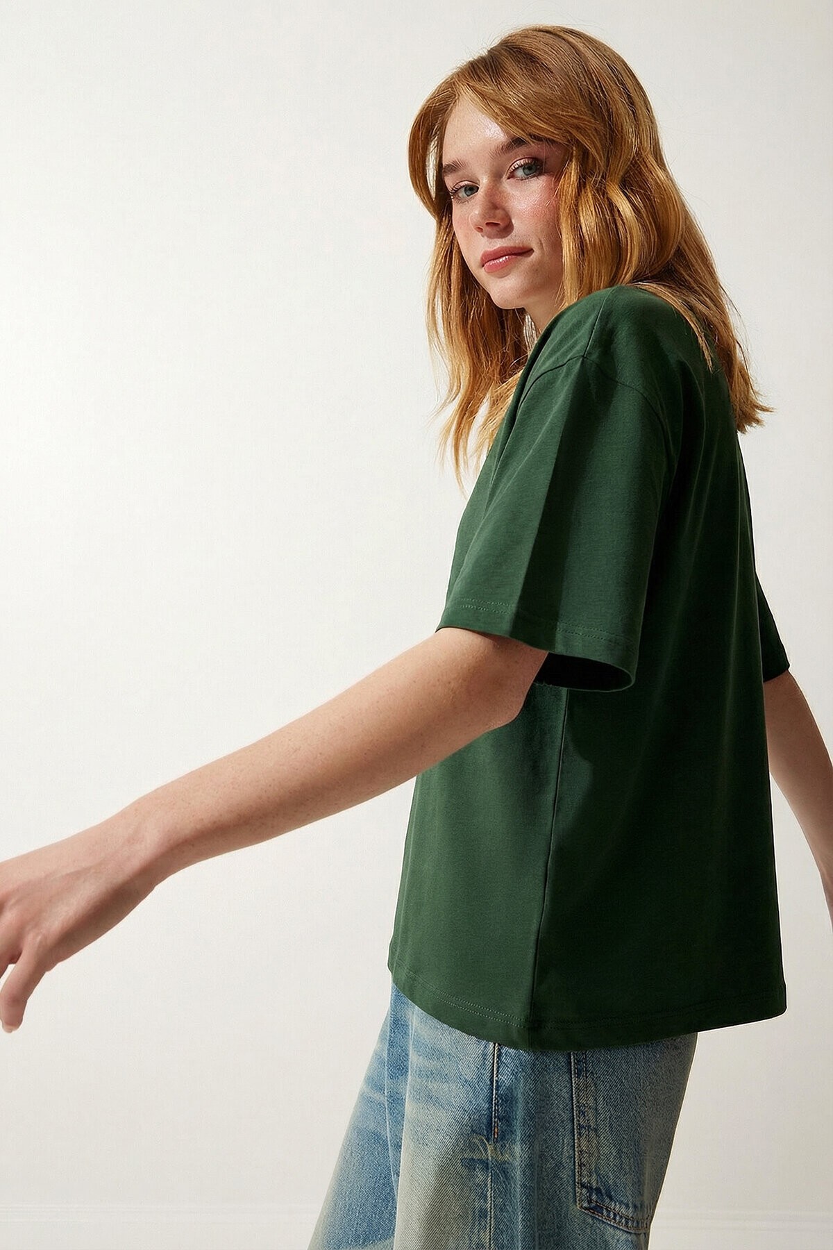 Oversize Basic Pamuklu Örme T-shirt HAKİ LZE0004