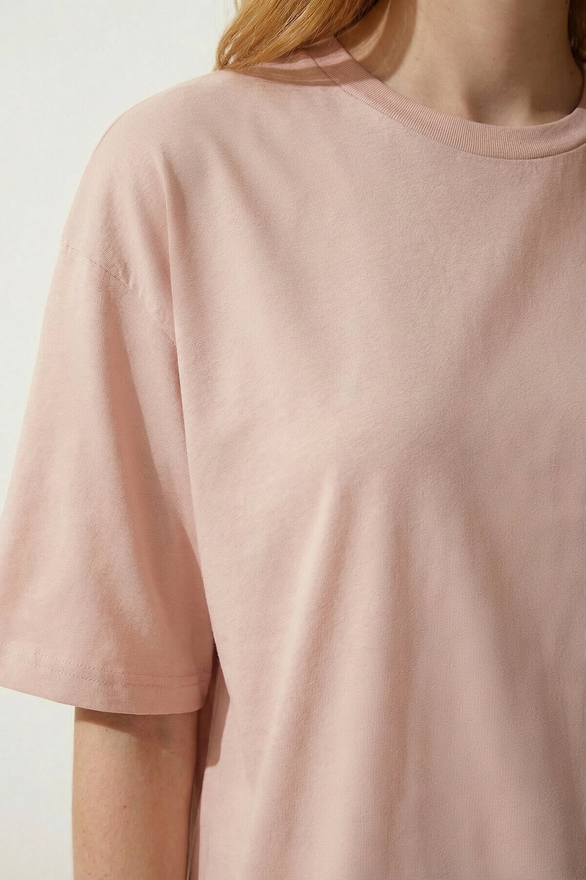 Oversize Basic Pamuklu Örme T-shirt PEMBE LZE0004