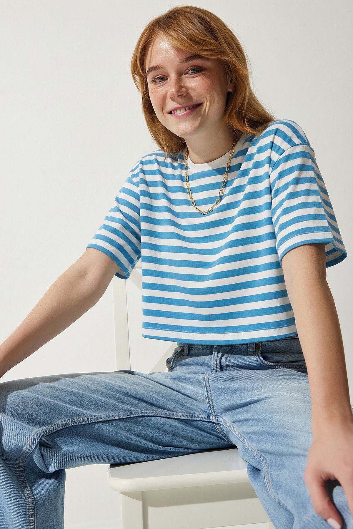 Oversize Çizgili Pamuklu Örme T-shirt MAVİ BEYAZ LZE0001
