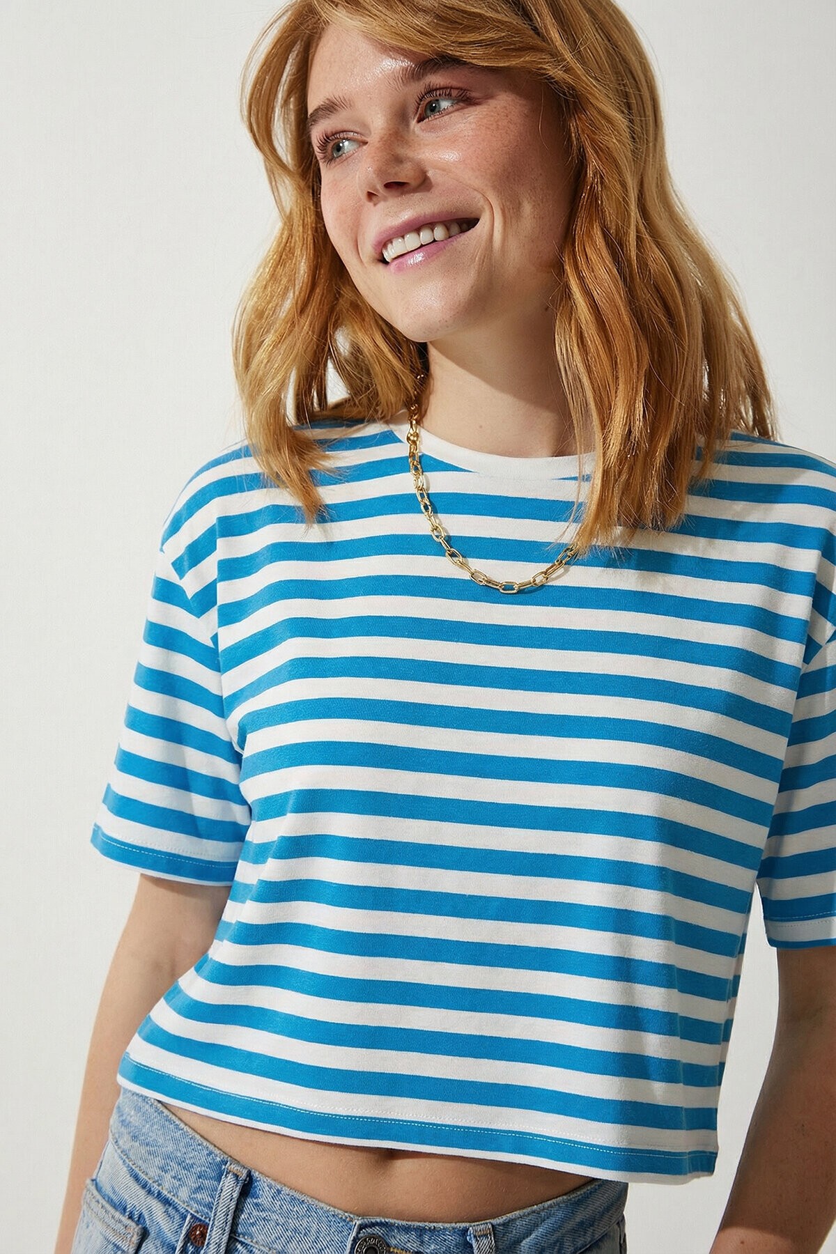 Oversize Çizgili Pamuklu Örme T-shirt MAVİ BEYAZ LZE0001