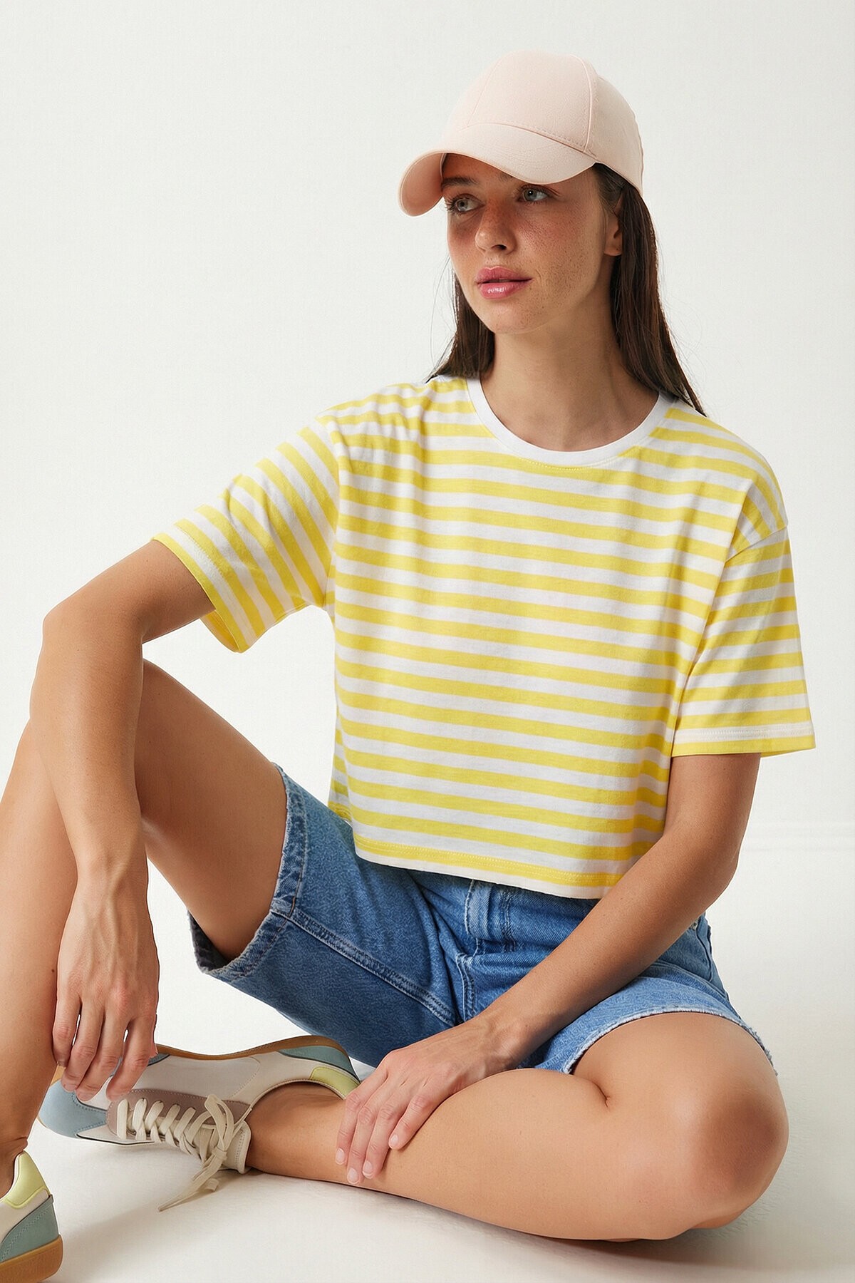 Oversize Çizgili Pamuklu Örme T-shirt SARI BEYAZ LZE0001
