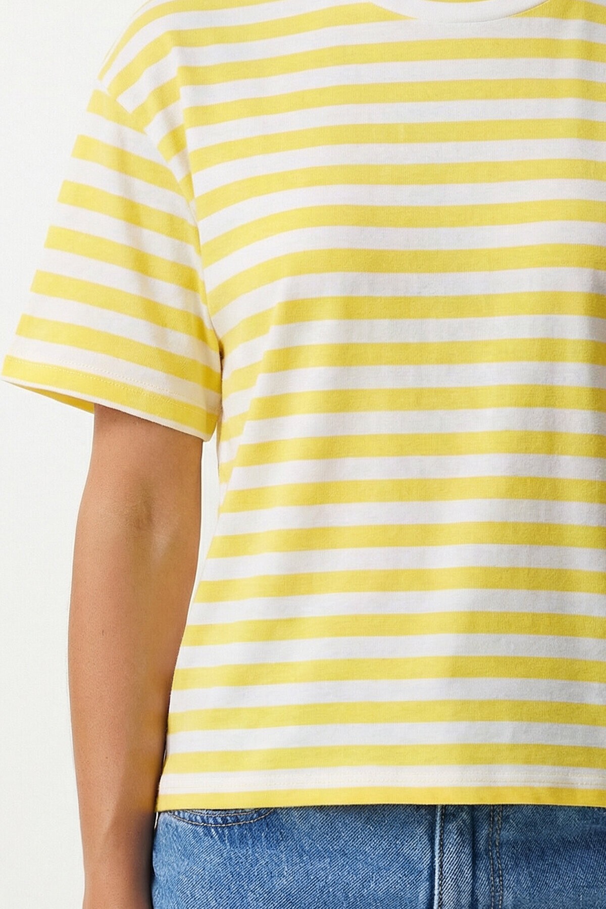 Oversize Çizgili Pamuklu Örme T-shirt SARI BEYAZ LZE0001