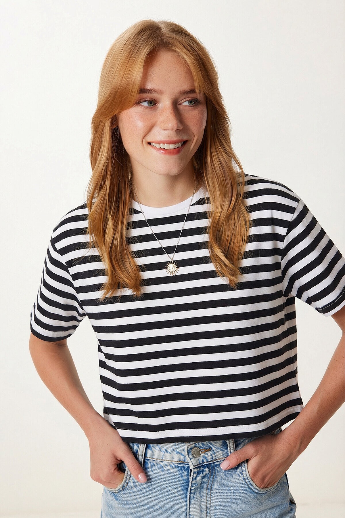 Oversize Çizgili Pamuklu Örme T-shirt SİYAH BEYAZ LZE0001