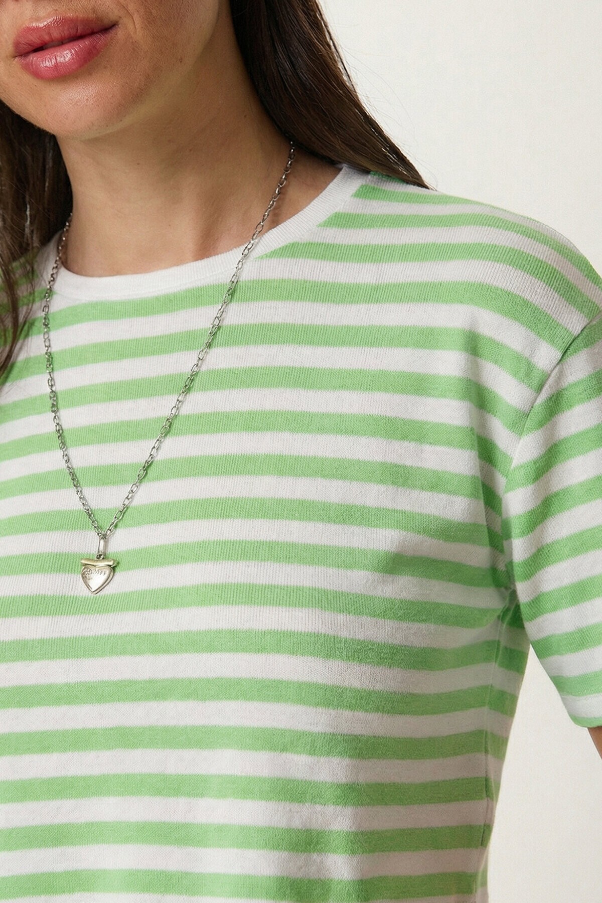 Oversize Çizgili Pamuklu Örme T-shirt YEŞİL BEYAZ LZE0001