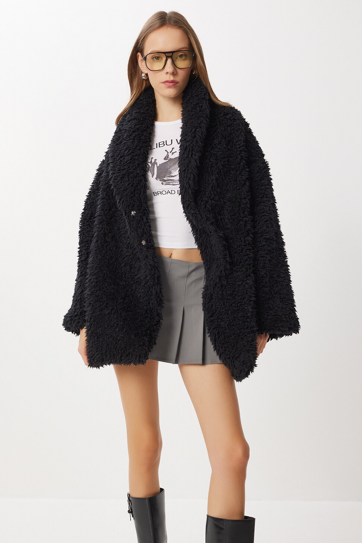 Oversize Suni Kürk Kaban SİYAH LVW0008