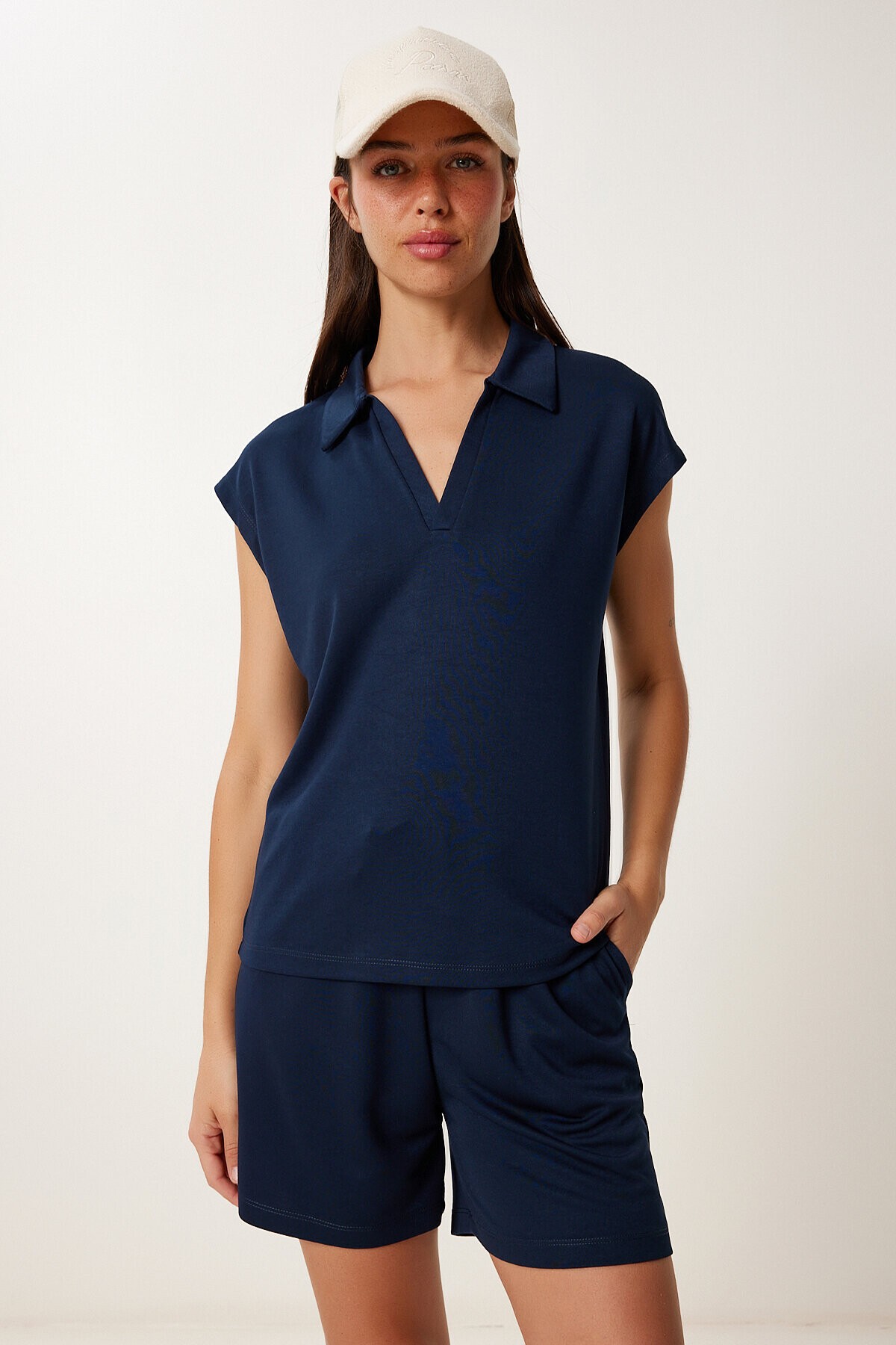 Polo Yaka Basic Örme Şort Takım LACİVERT LUS0159