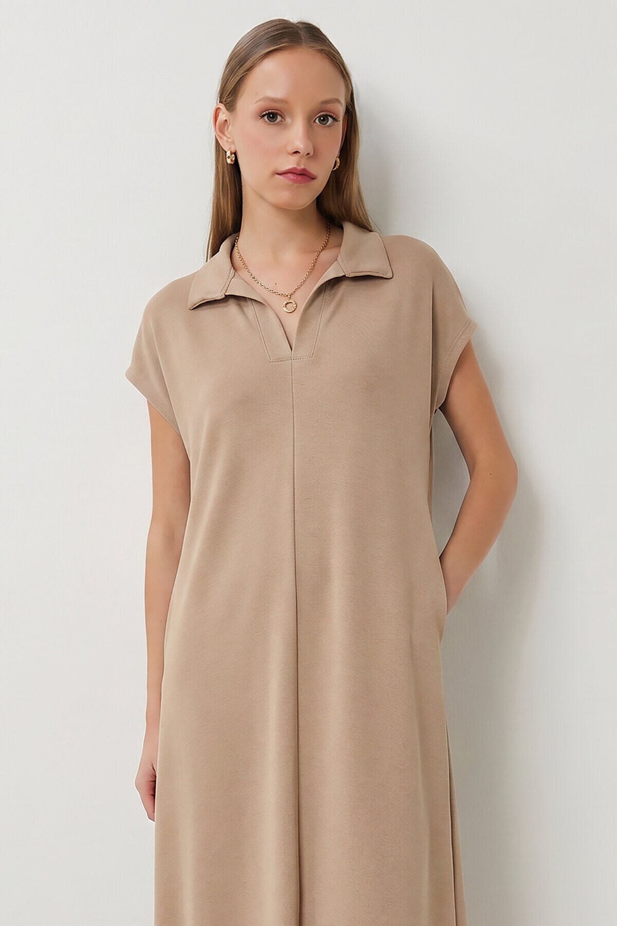 Polo Yaka Cepli Örme Elbise BEJ LDZ0038
