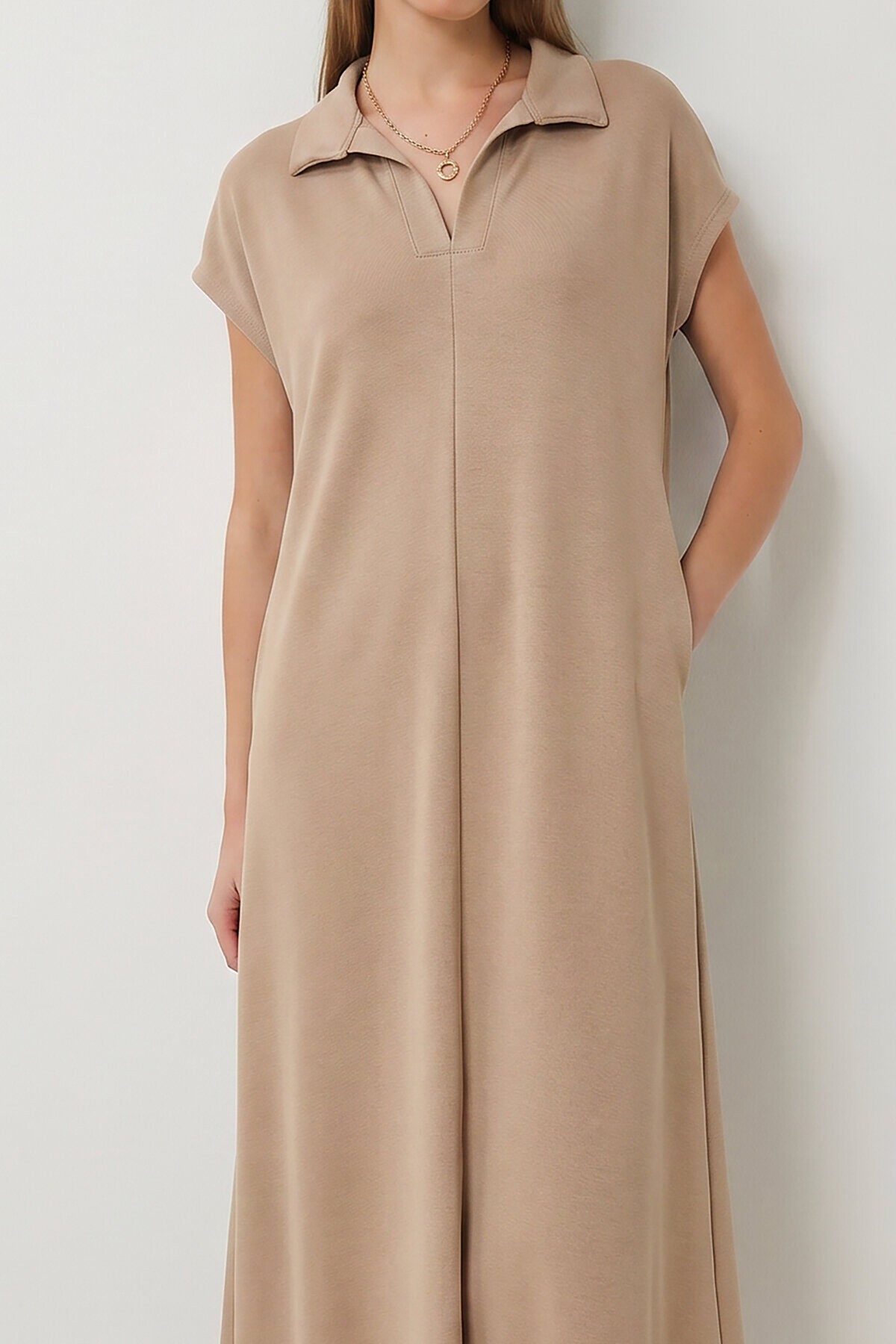 Polo Yaka Cepli Örme Elbise BEJ LDZ0038