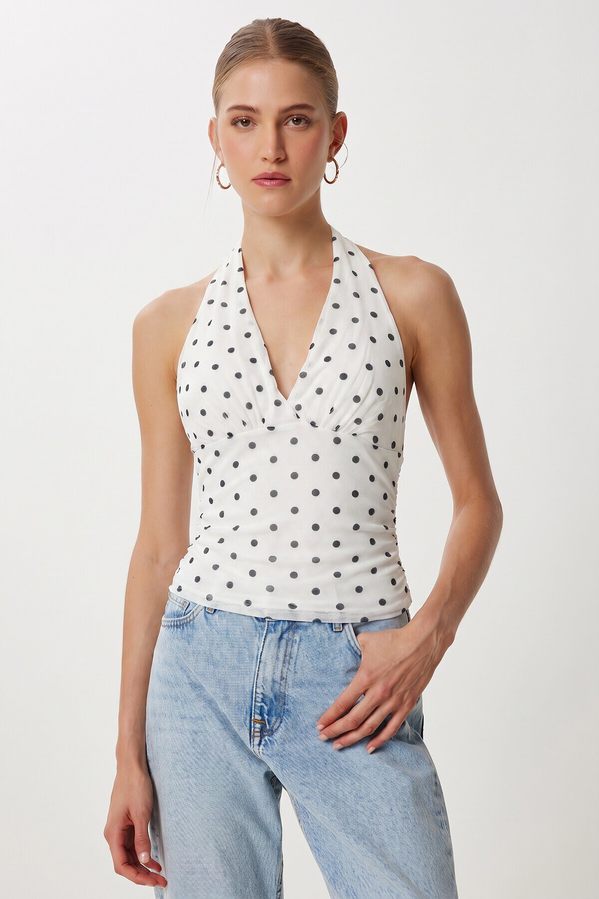 Puantiye Desenli Crop Tül Bluz EKRU LFW0023