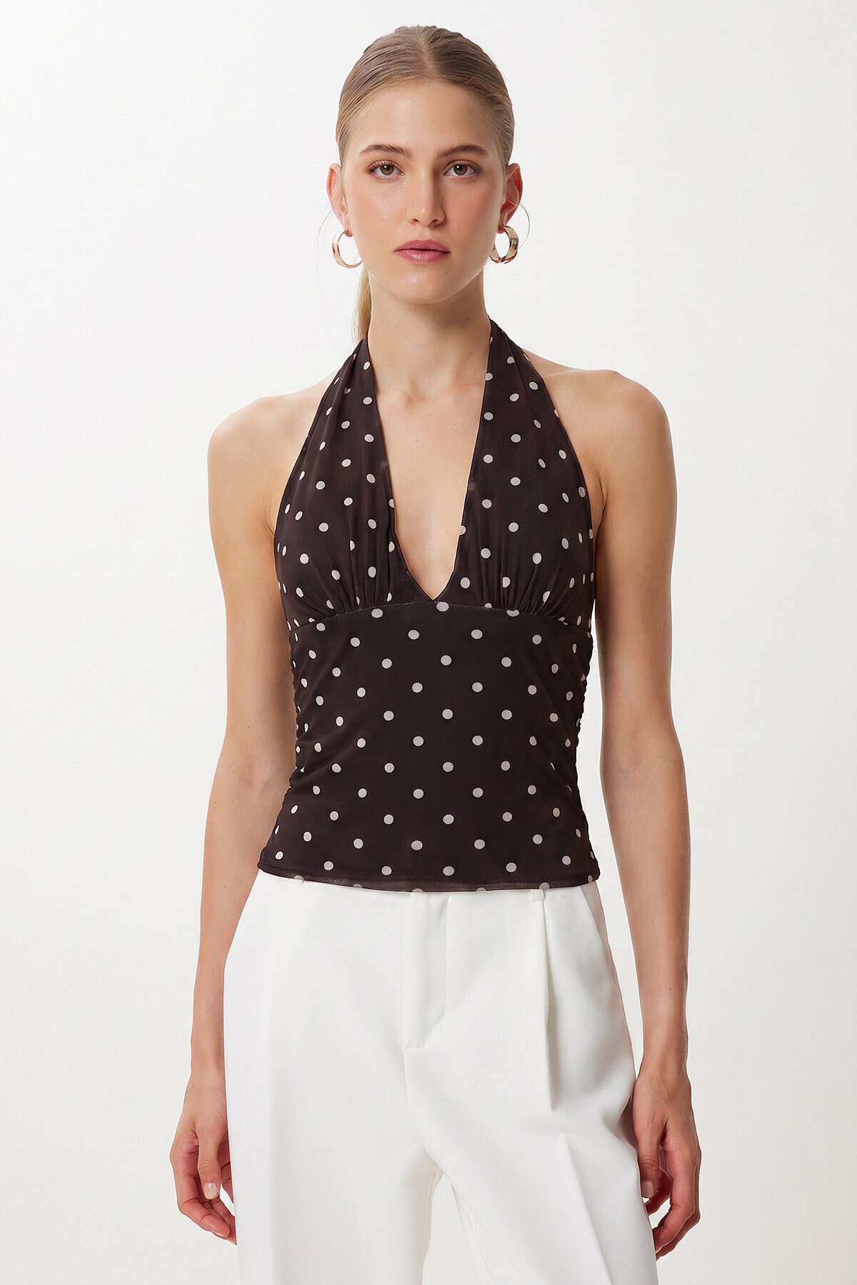 Puantiye Desenli Crop Tül Bluz KAHVERENGİ LFW0023