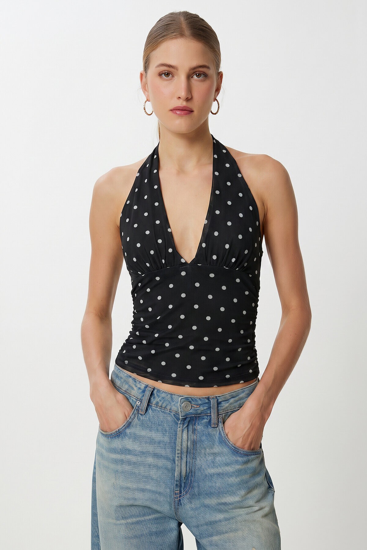 Puantiye Desenli Crop Tül Bluz SİYAH LFW0023