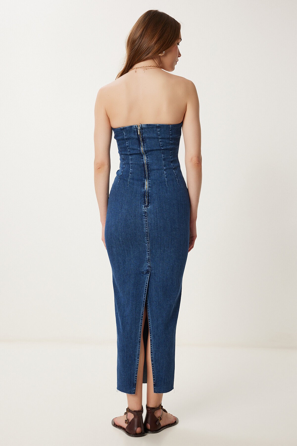 Straplez Midi Denim Elbise KOYU MAVİ LYZ0002