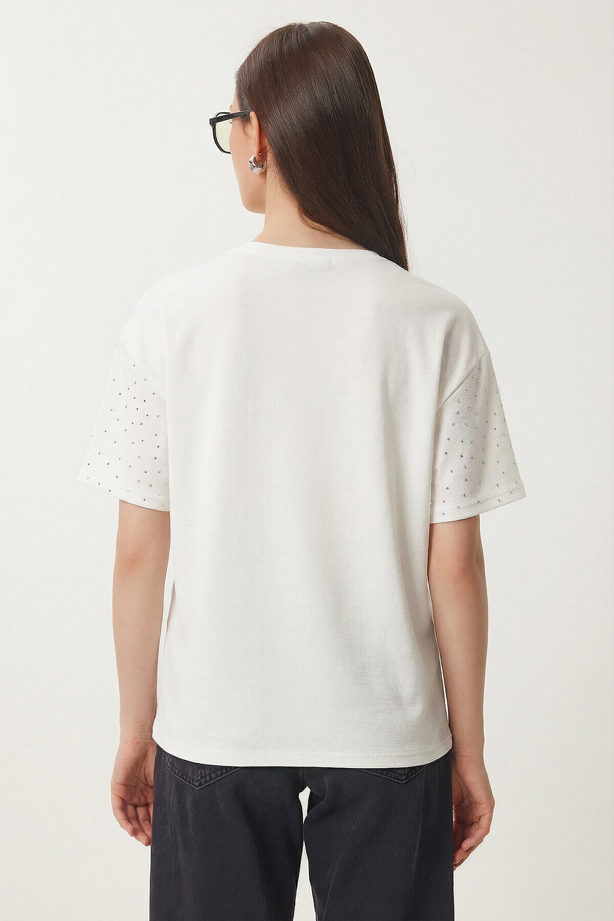 Taş Detaylı Örme T-shirt EKRU LZV0059