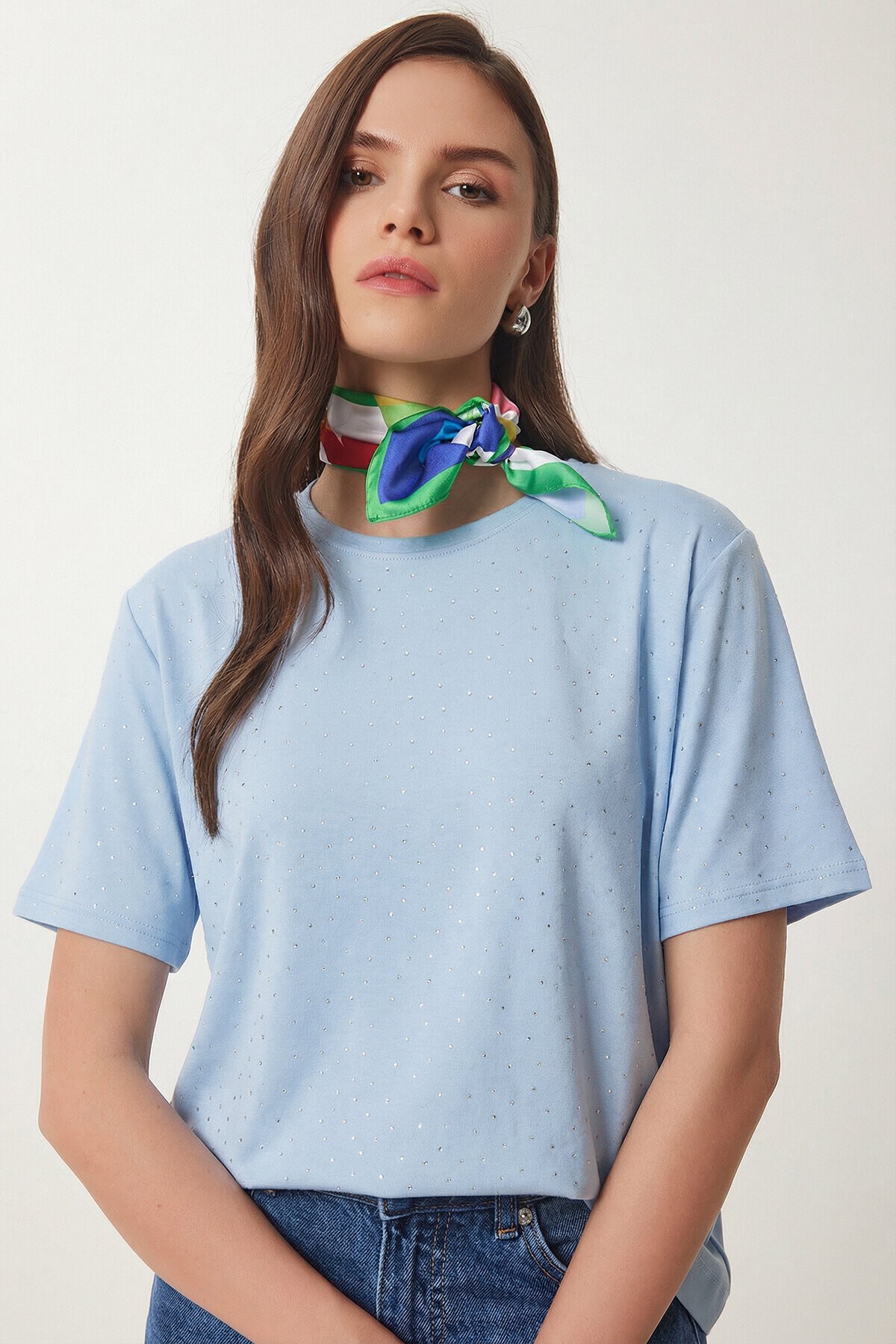 Taş Detaylı Örme T-shirt GÖK MAVİ LZV0059