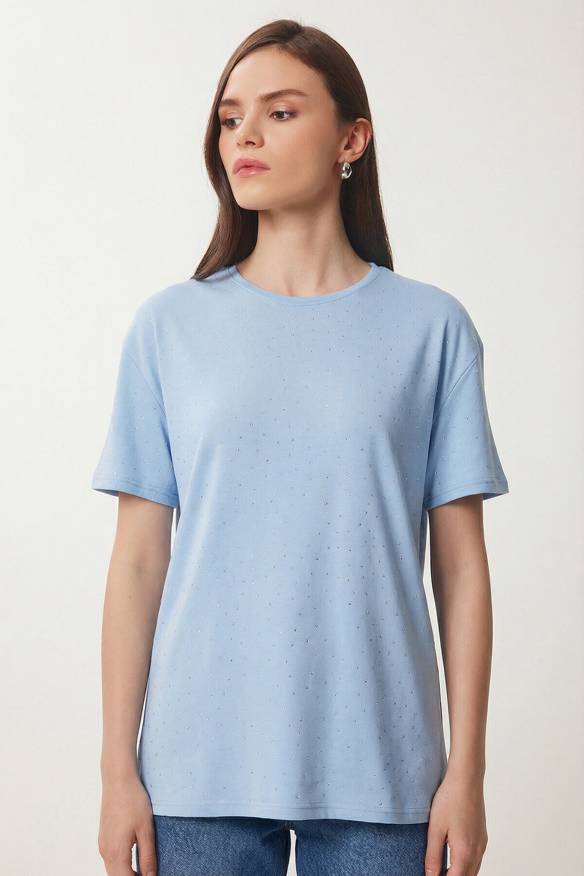 Taş Detaylı Örme T-shirt GÖK MAVİ LZV0059
