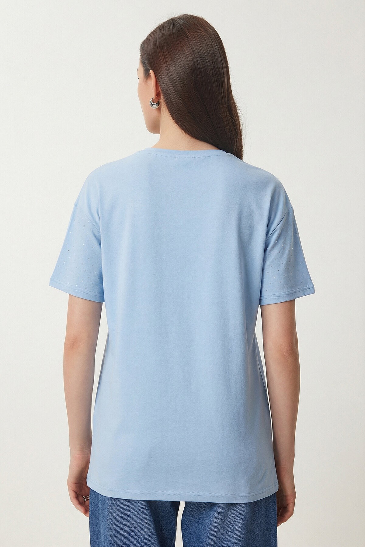 Taş Detaylı Örme T-shirt GÖK MAVİ LZV0059