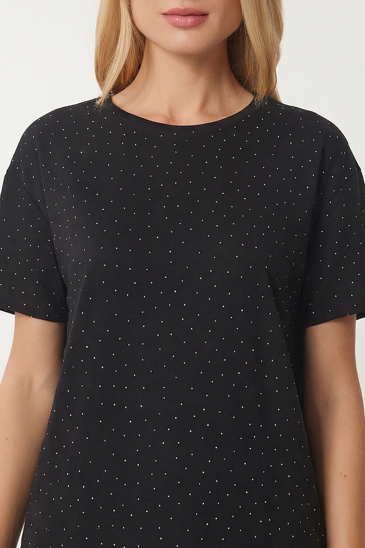 Taş Detaylı Örme T-shirt SİYAH LZV0059