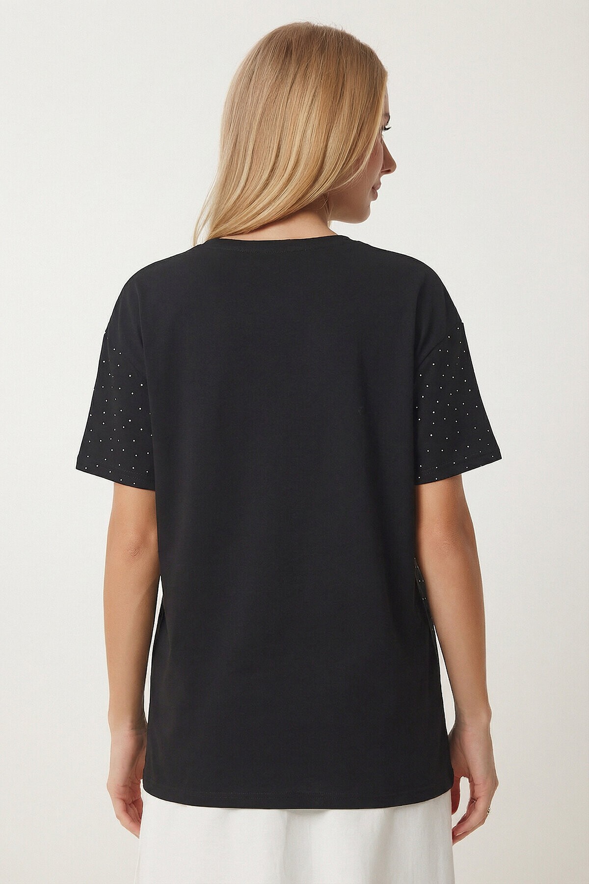 Taş Detaylı Örme T-shirt SİYAH LZV0059