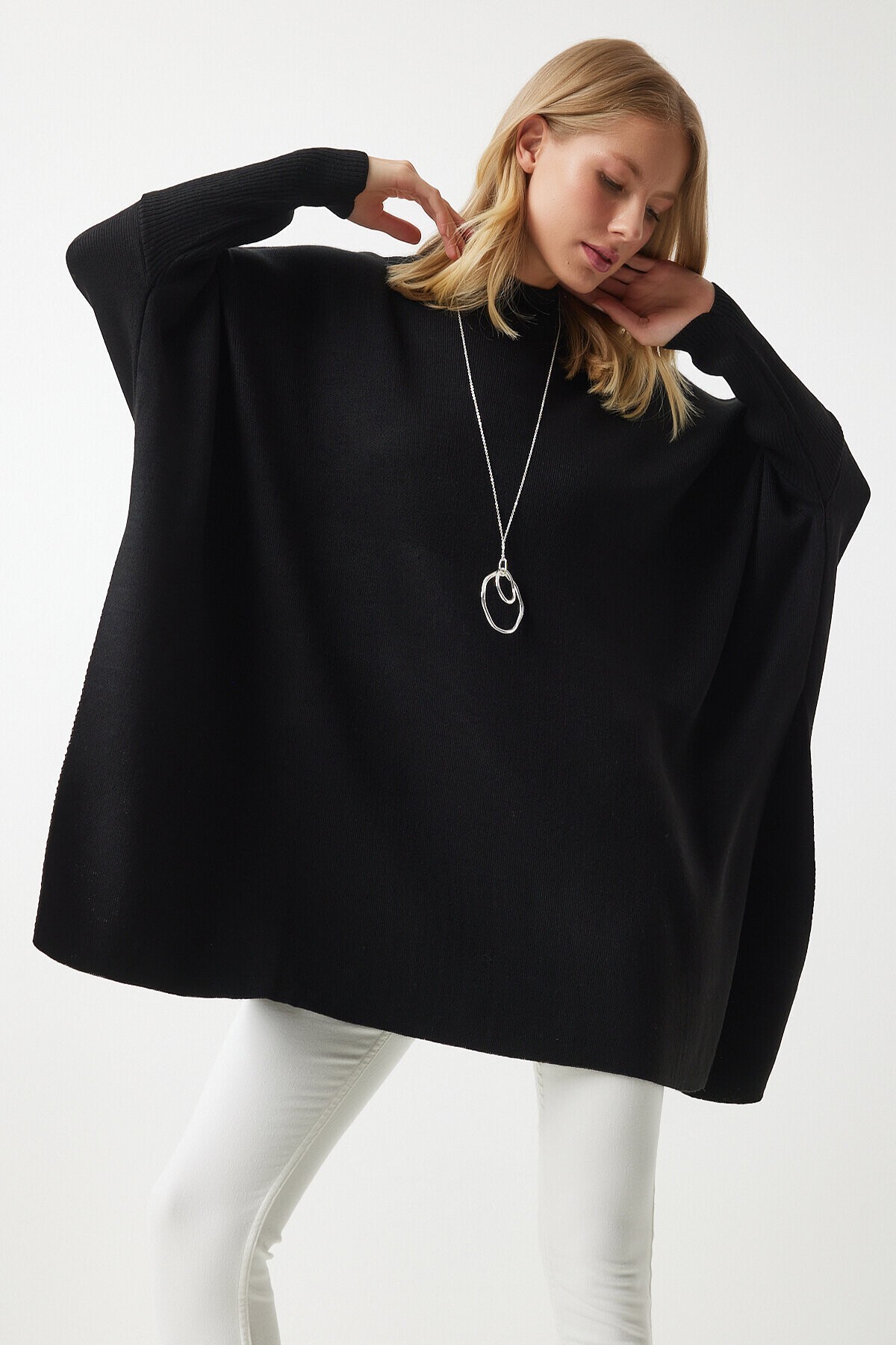 Yandan Yırtmaçlı Oversize Panço Kazak SİYAH LYY0016