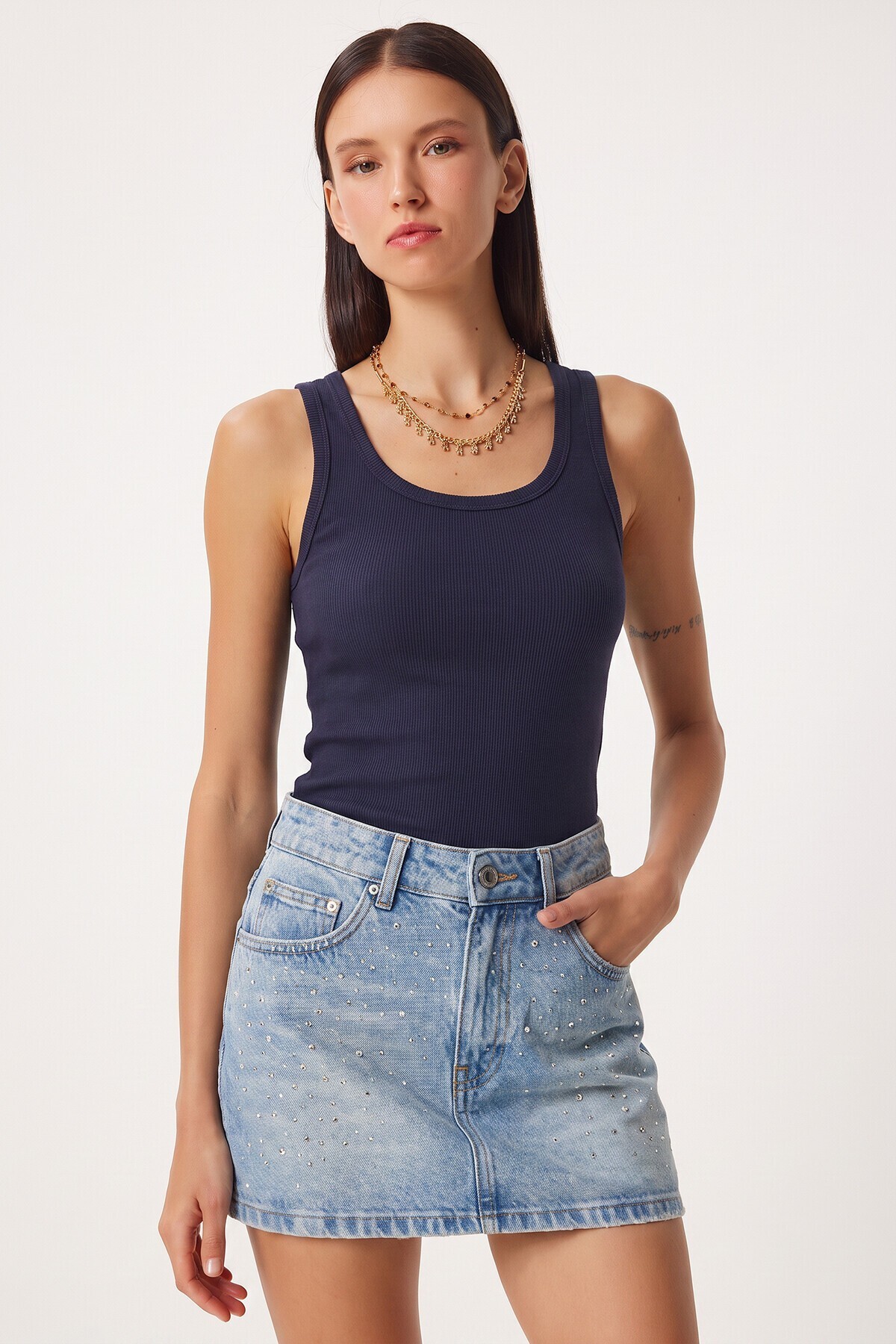 2li Fitilli Kalın Askılı Örme Atlet LACİVERT KİREMİT LHJ0002
