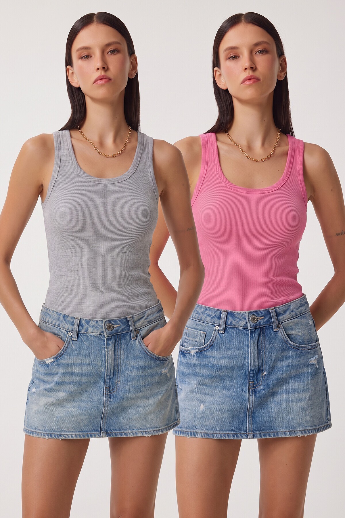 2li Fitilli Kalın Askılı Örme Atlet PEMBE GRİ LHJ0002