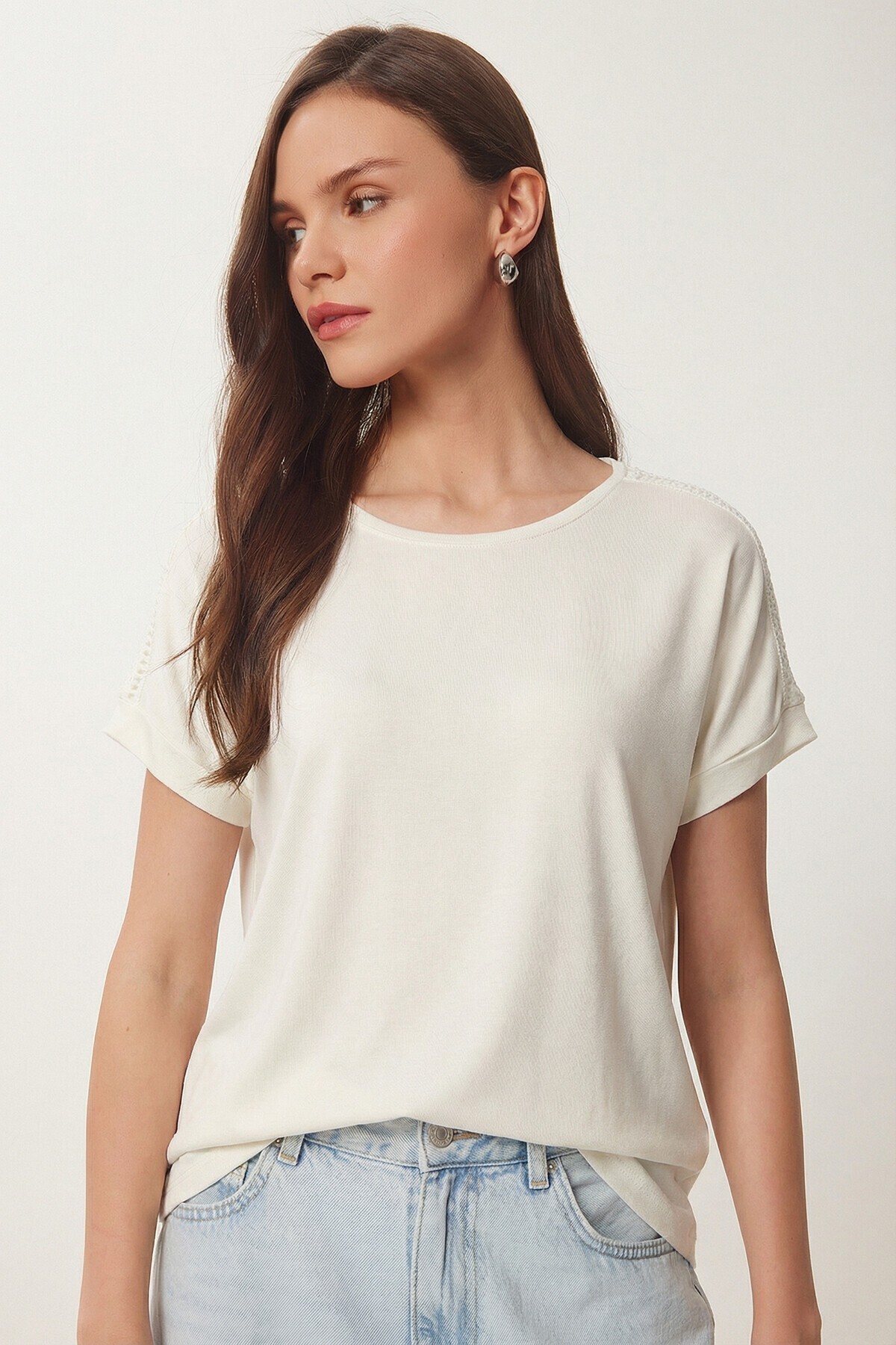 2’li Paket Güpür Detaylı Viskon T-shirt HAKİ EKRU LRN0067