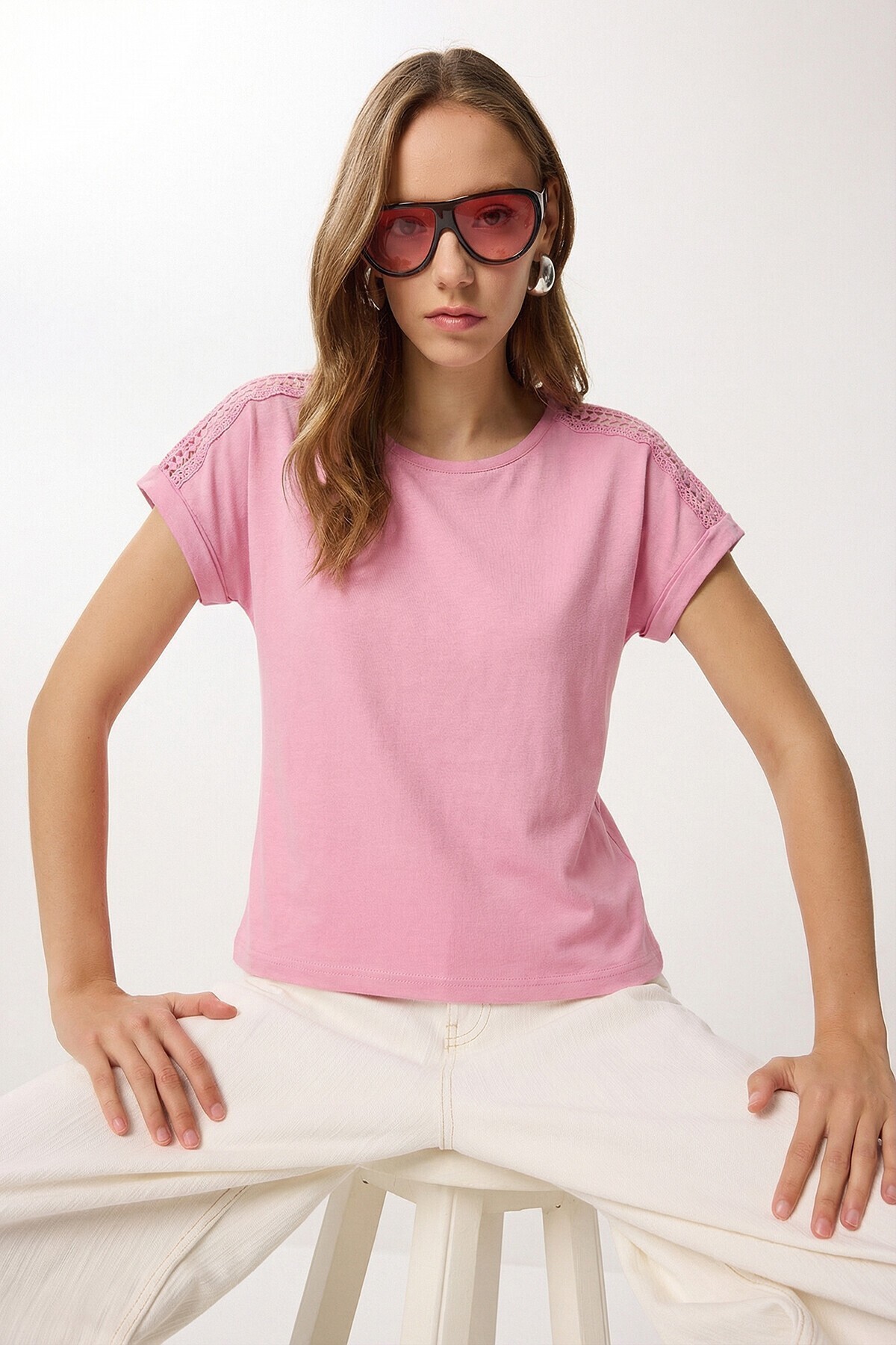 2’li Paket Güpür Detaylı Viskon T-shirt SİYAH PEMBE LRN0067