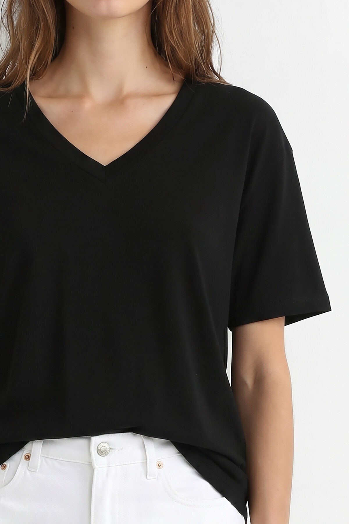 2’li Paket V Yaka Oversize Örme T-shirt SİYAH EKRU LZV0085
