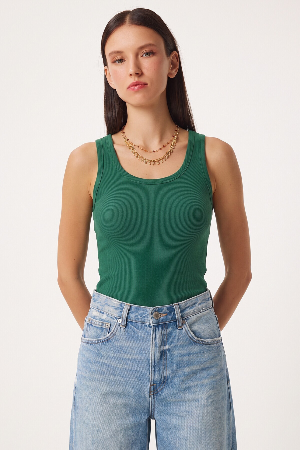 3lü Fitilli Kalın Askılı Örme Atlet YEŞİL LACİVERT KİREMİT LRN0060