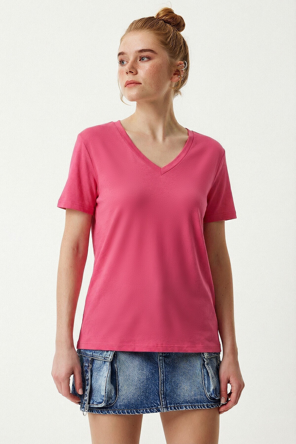 3’lü Paket V Yaka Basic Viskon T-shirt KOYU MAVİ KOYU PEMBE EKRU LRN0069