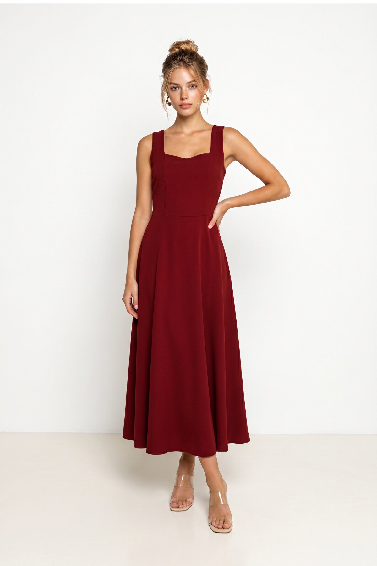 A Kesim Midi Dokuma Elbise BORDO LNT0042