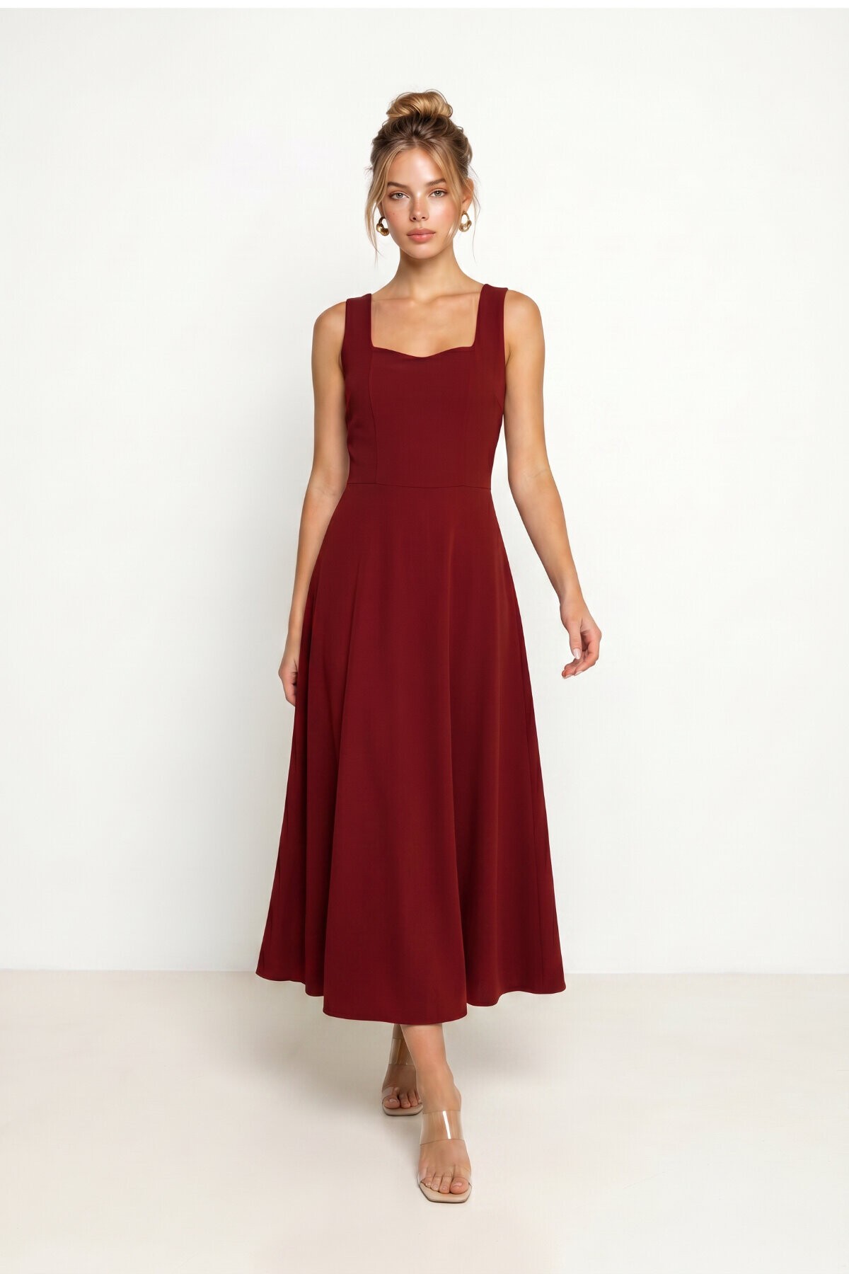 A Kesim Midi Dokuma Elbise BORDO LNT0042