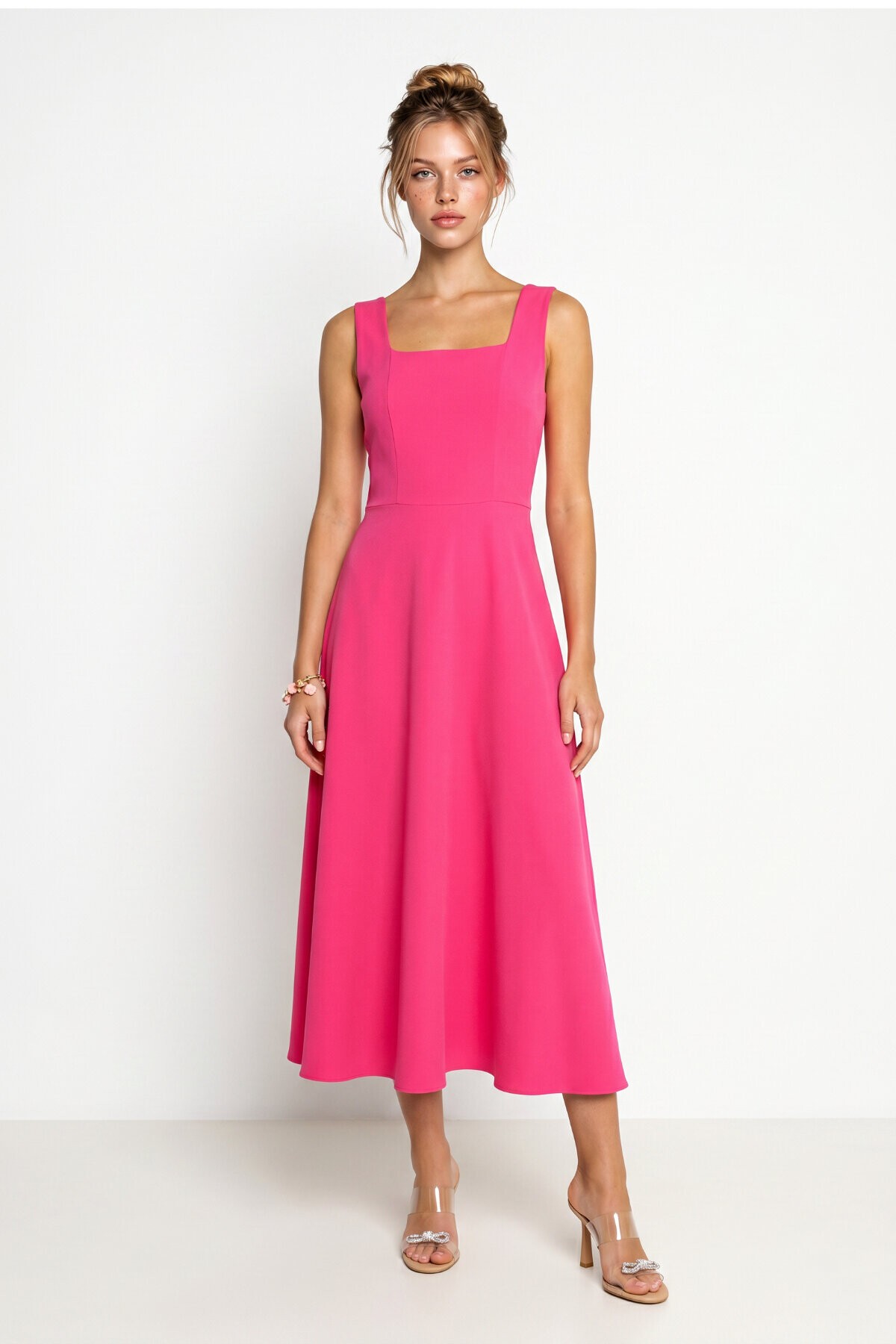 A Kesim Midi Dokuma Elbise PEMBE LNT0042