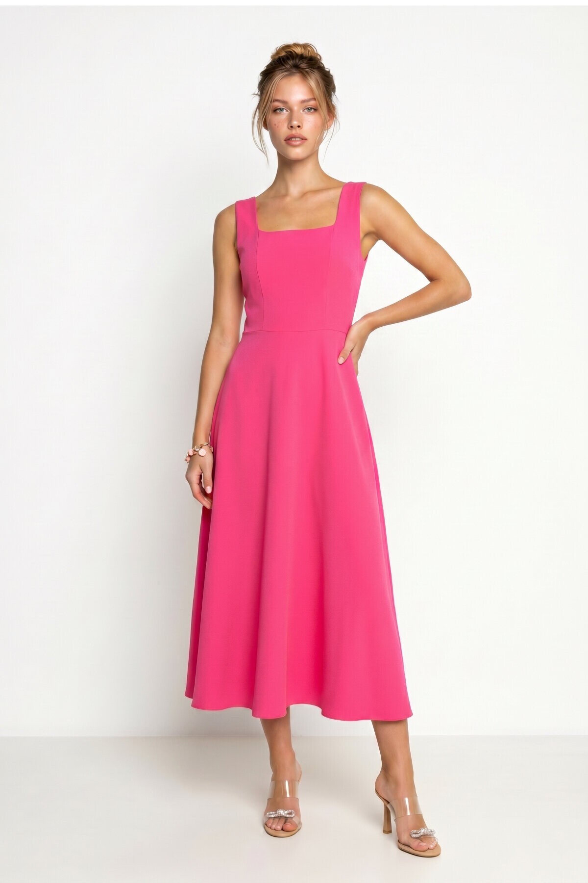 A Kesim Midi Dokuma Elbise PEMBE LNT0042