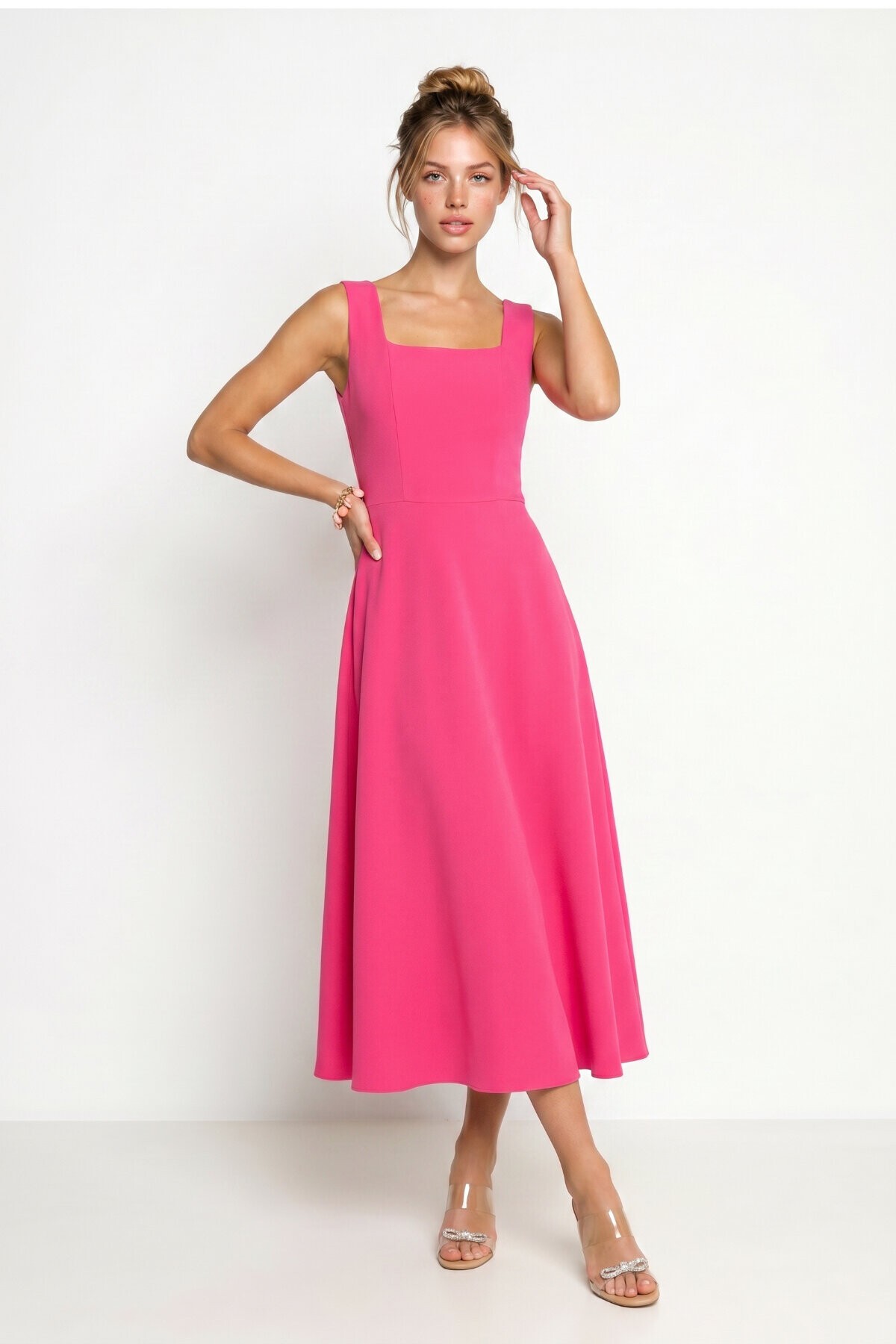 A Kesim Midi Dokuma Elbise PEMBE LNT0042