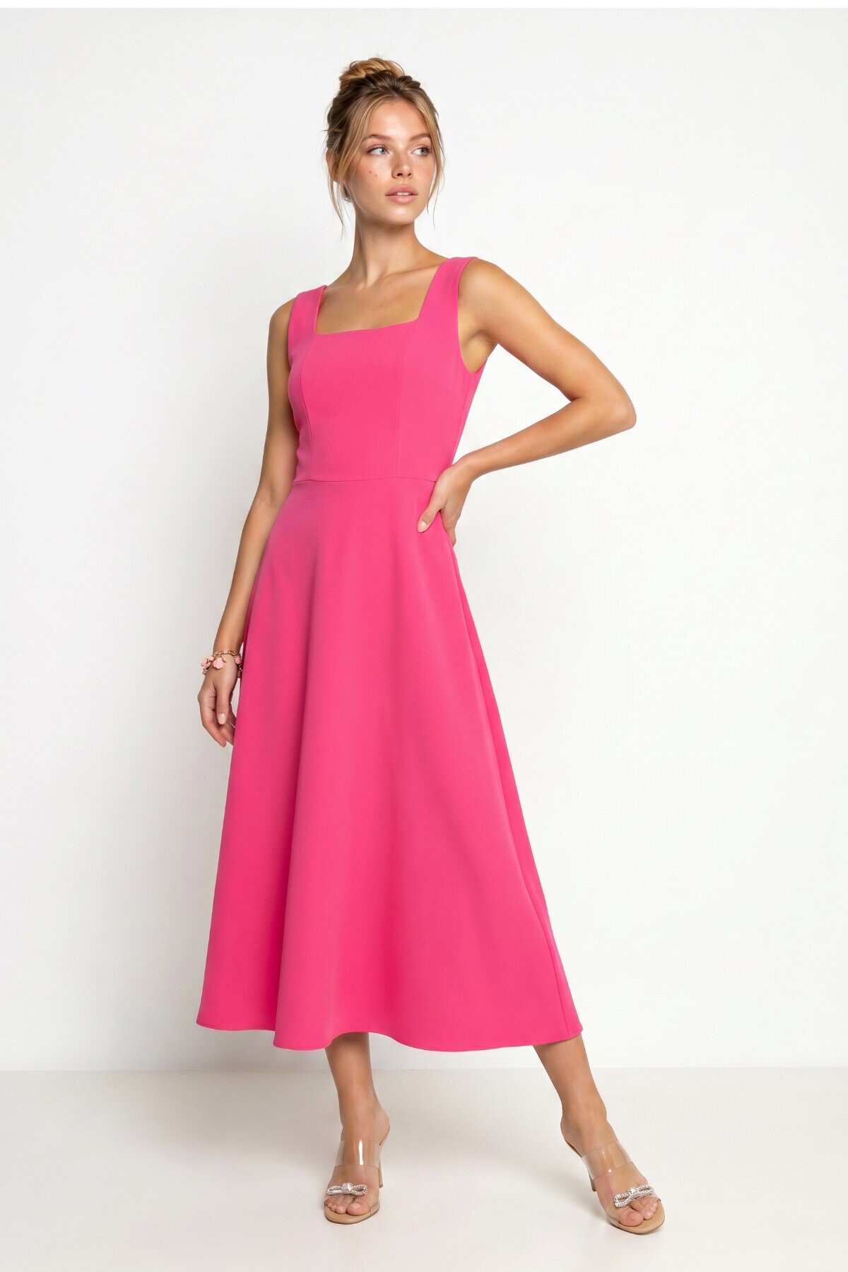 A Kesim Midi Dokuma Elbise PEMBE LNT0042