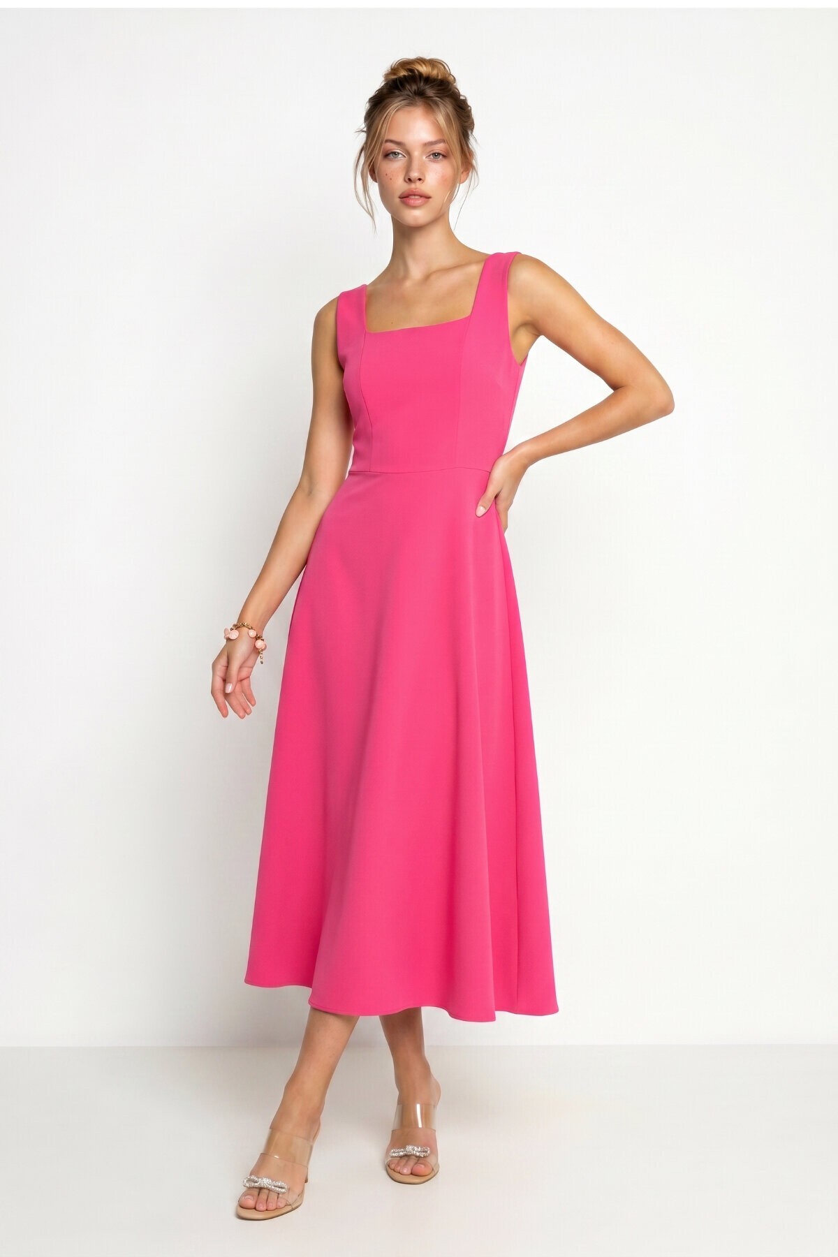 A Kesim Midi Dokuma Elbise PEMBE LNT0042