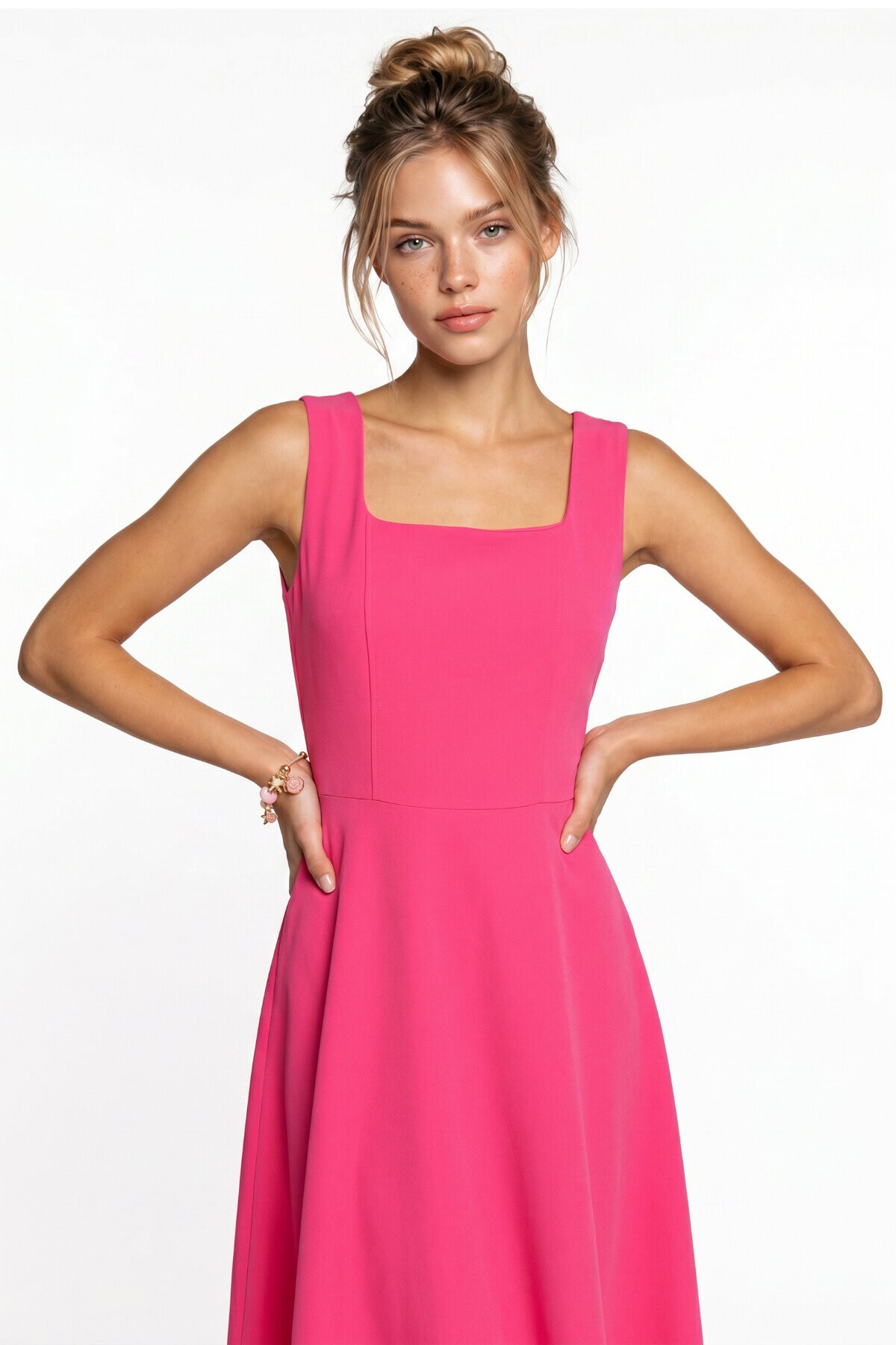 A Kesim Midi Dokuma Elbise PEMBE LNT0042