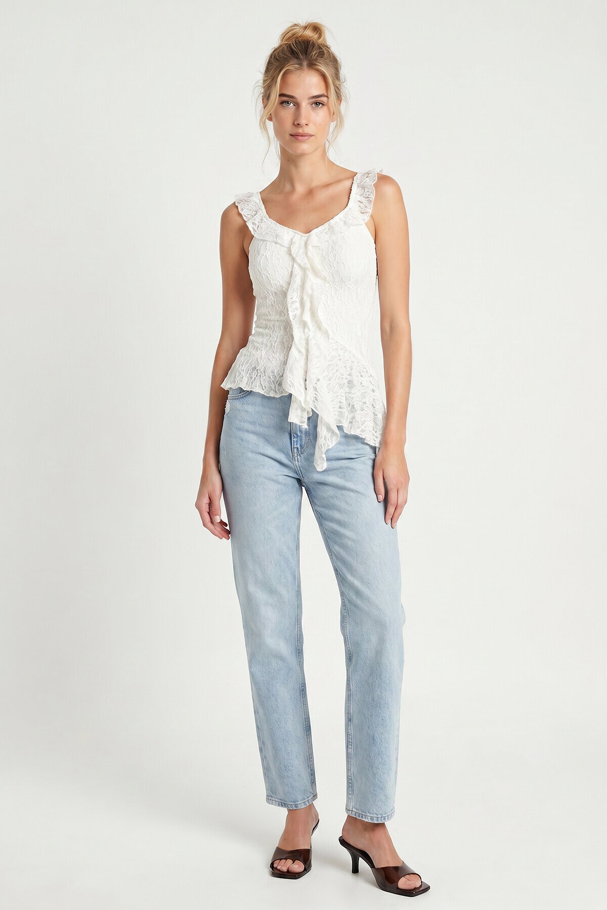 Asimetrik Dantelli Transparan Bluz BEYAZ LFW0029